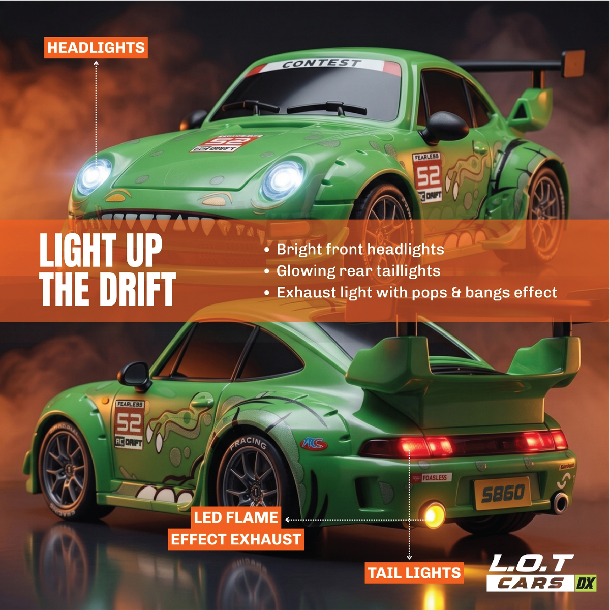 Light up the drift: the green Zipp's bright headlights, glowing tail lights and LED exhaust flame