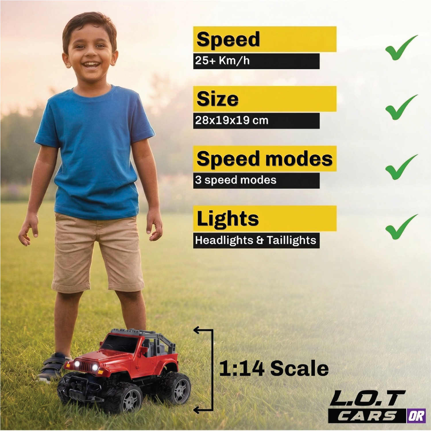 Child standing next to an RC car with product features listed on a grassy background