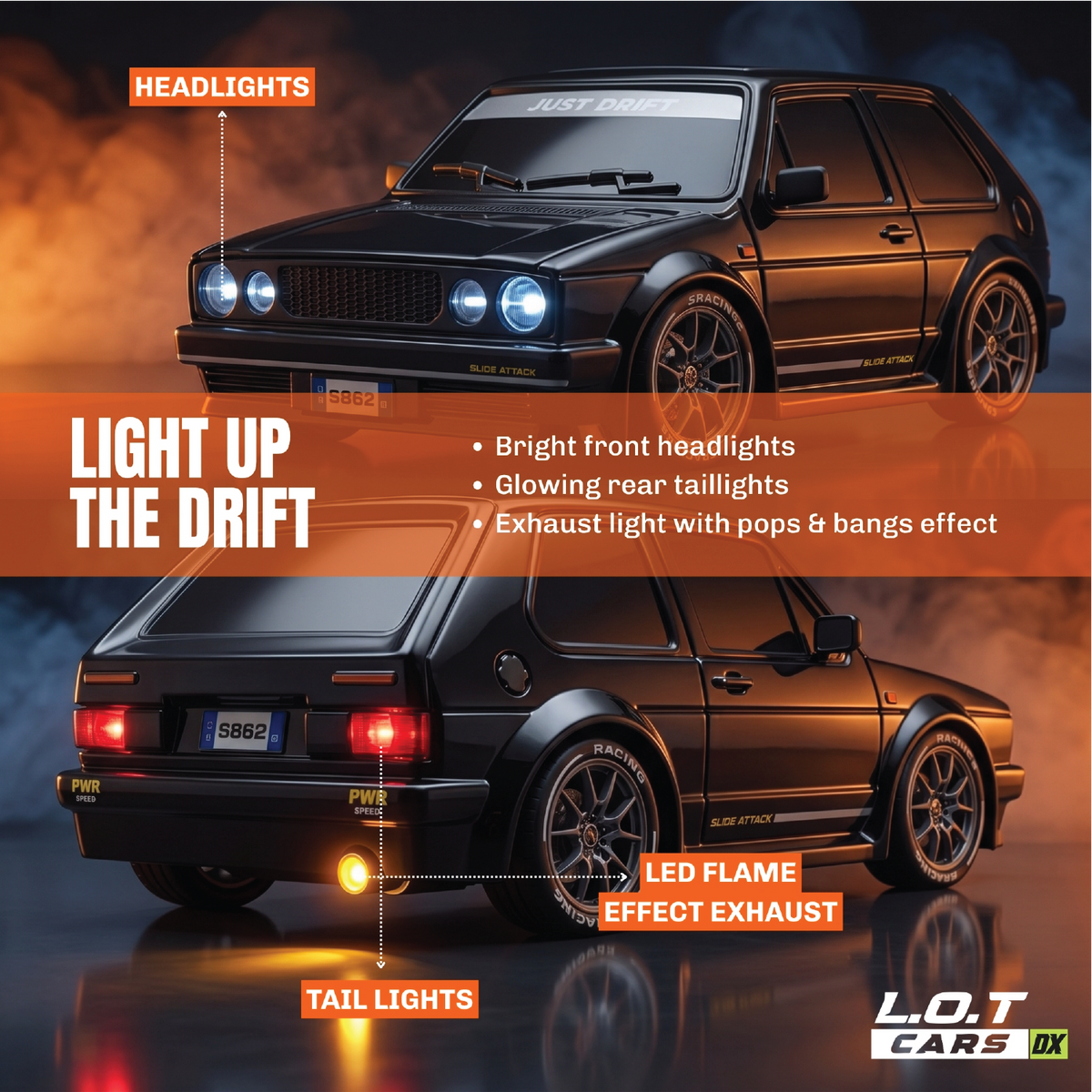 Light up the drift: the black Zipp's bright headlights, glowing tail lights and LED exhaust flame