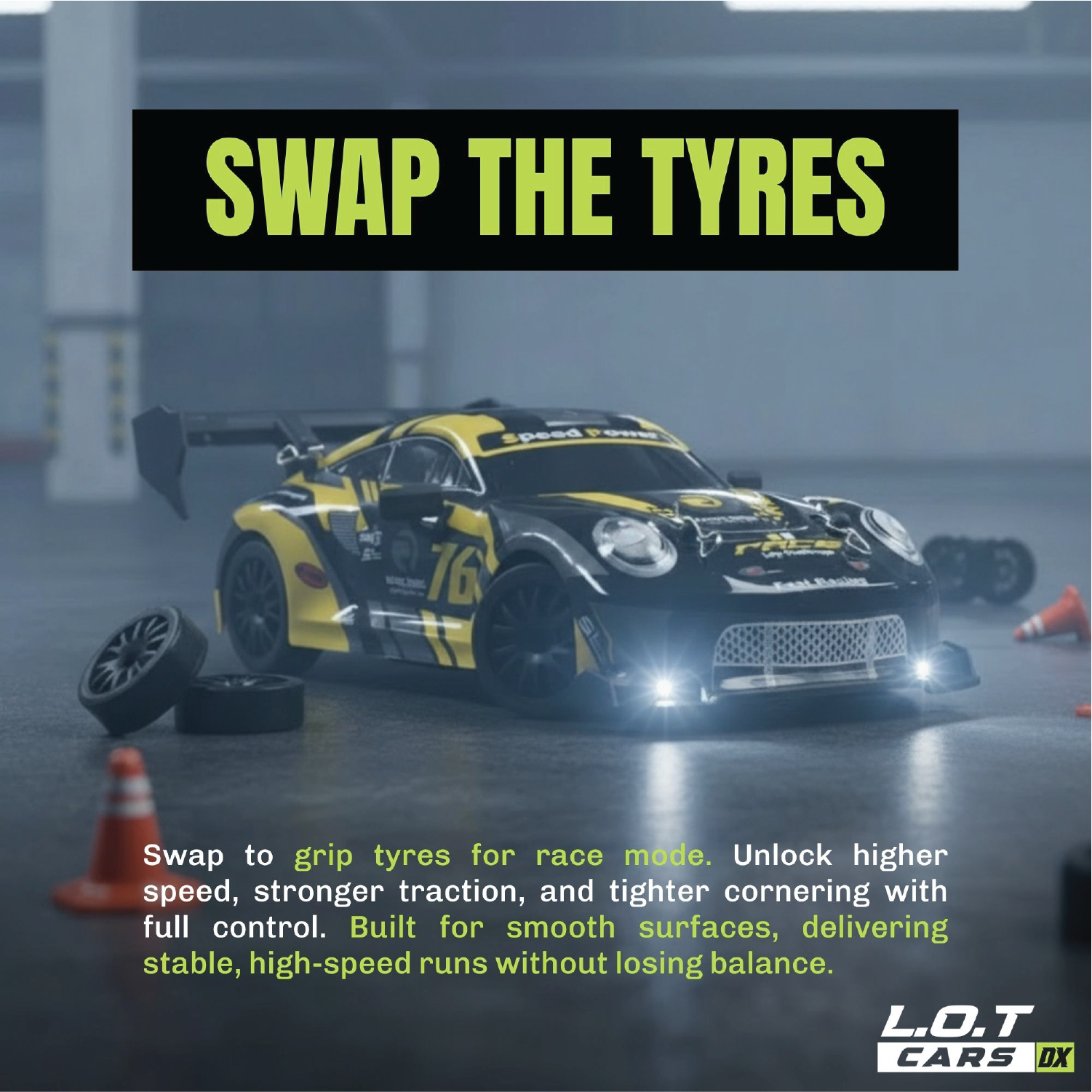 RC car with text about tyre swapping on a track