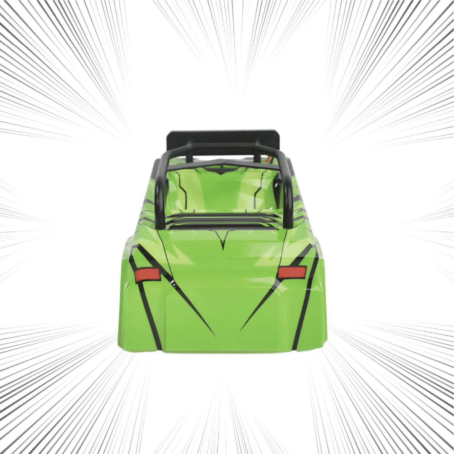 Green toy RC car with black accents on a white background