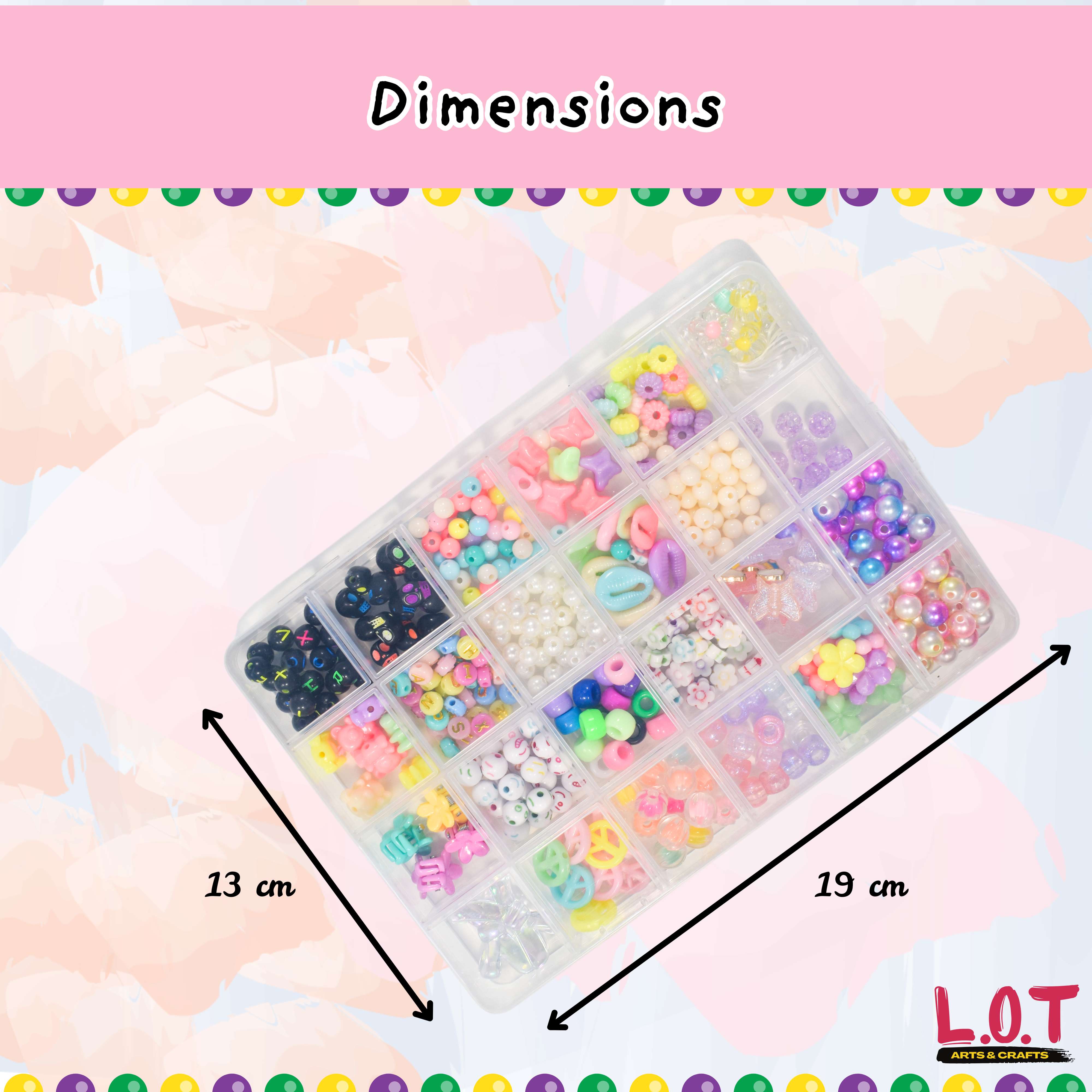 Colorful bead set in a clear organizer with dimensions labeled on a pink background