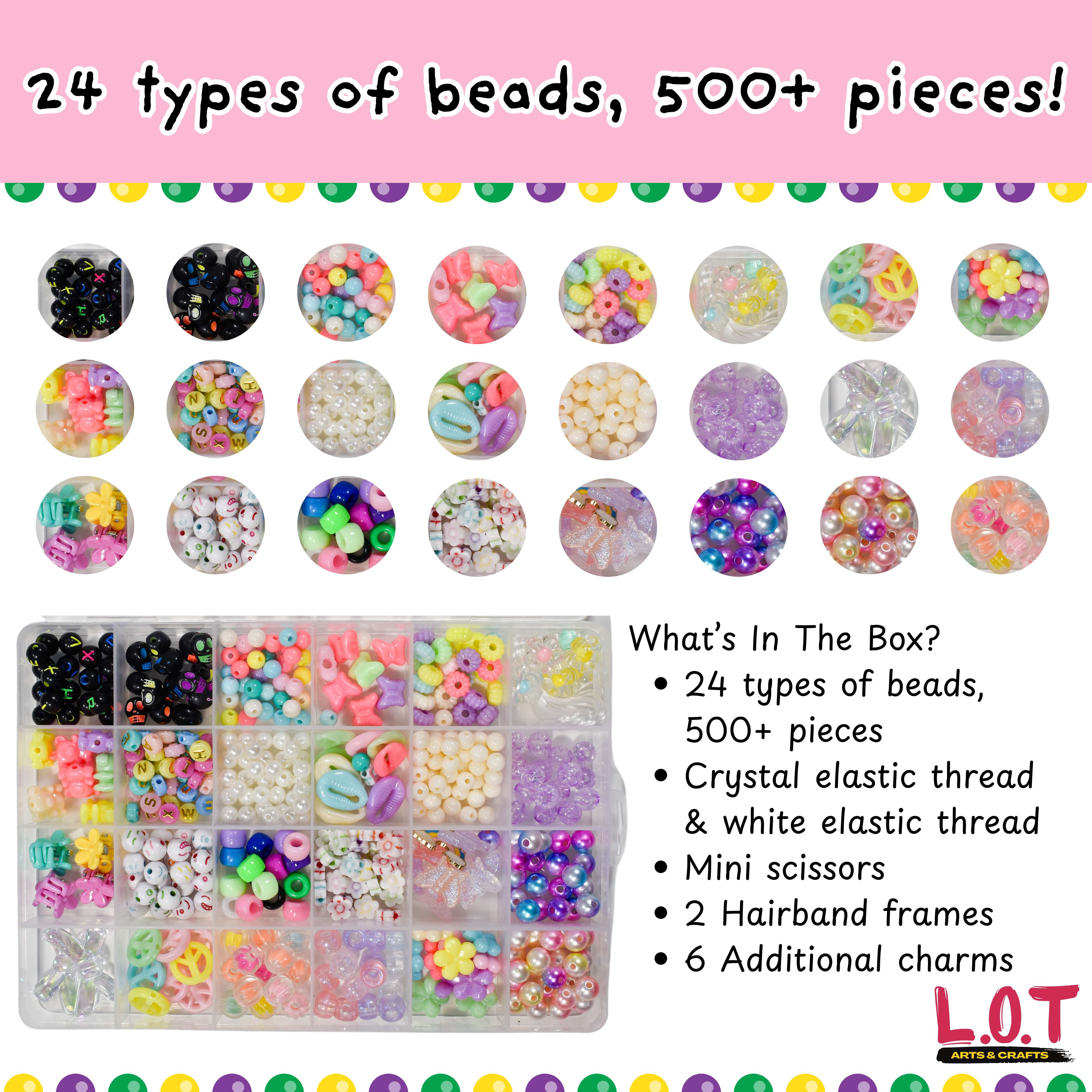 Assorted beads in a clear container with text detailing types and quantity on a pink background.