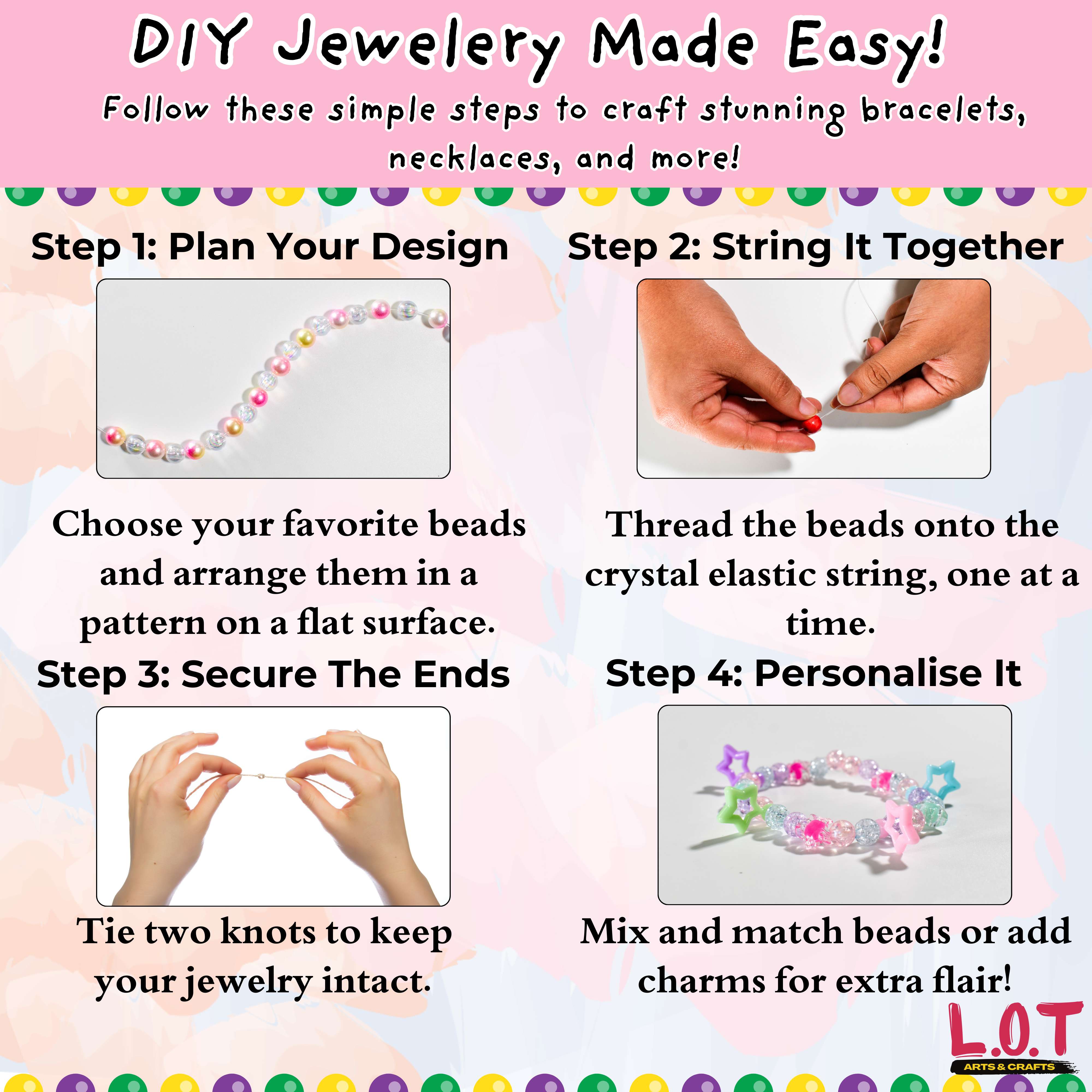 Instructions for making DIY jewelry with colorful beads and crystal elastic string on a pink background.