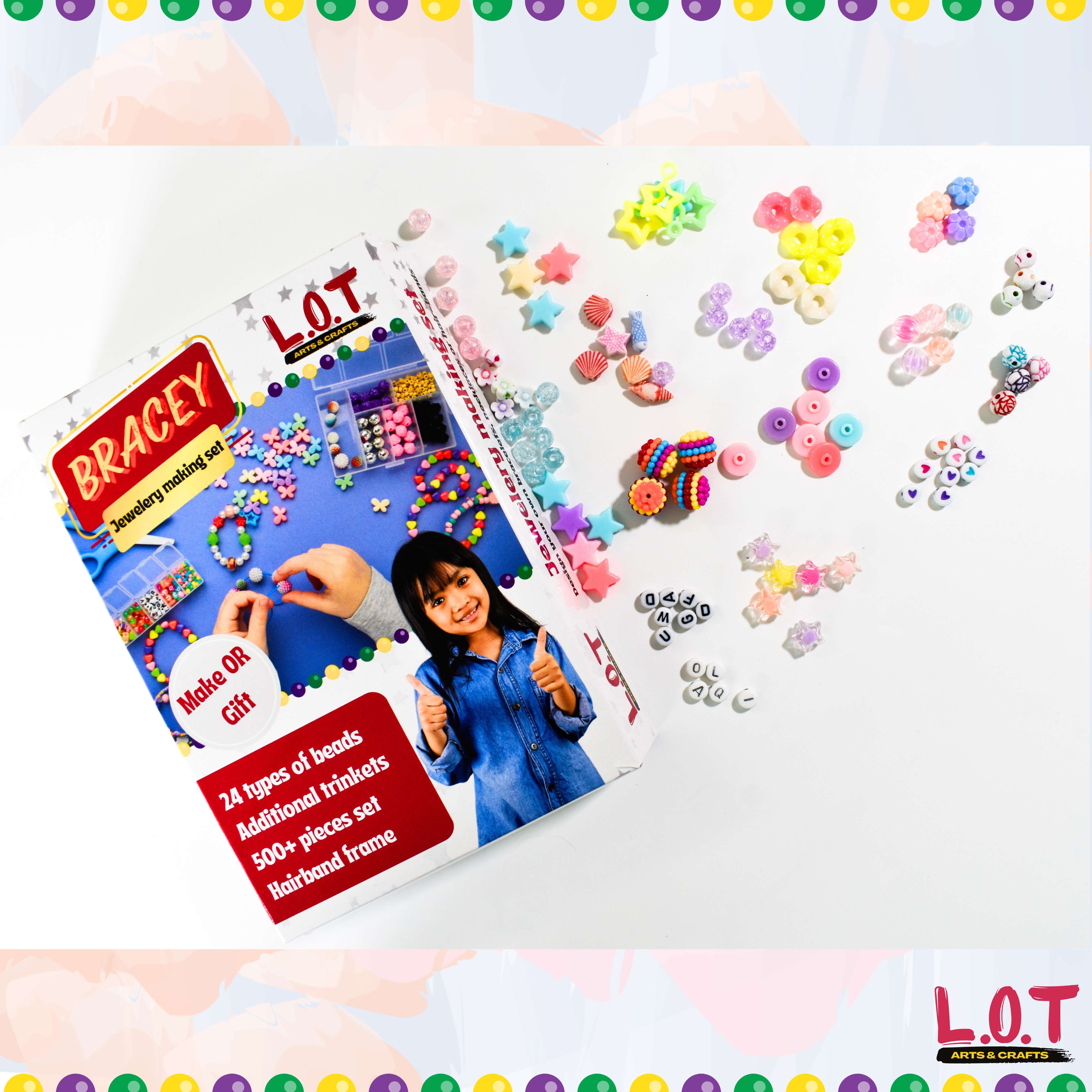 Colorful bead kit with packaging featuring a child and bead creations on a white background.