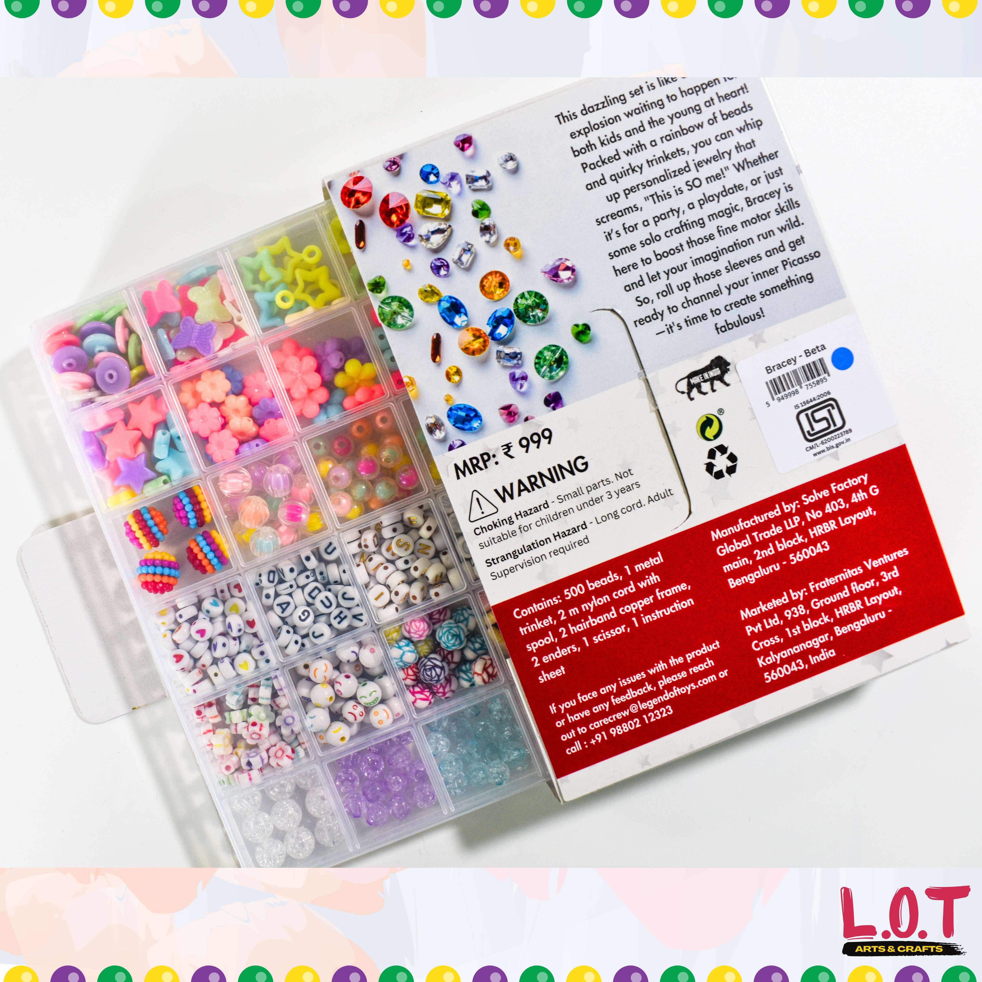 Colorful bead set in a clear organizer with packaging and warning label on a white background