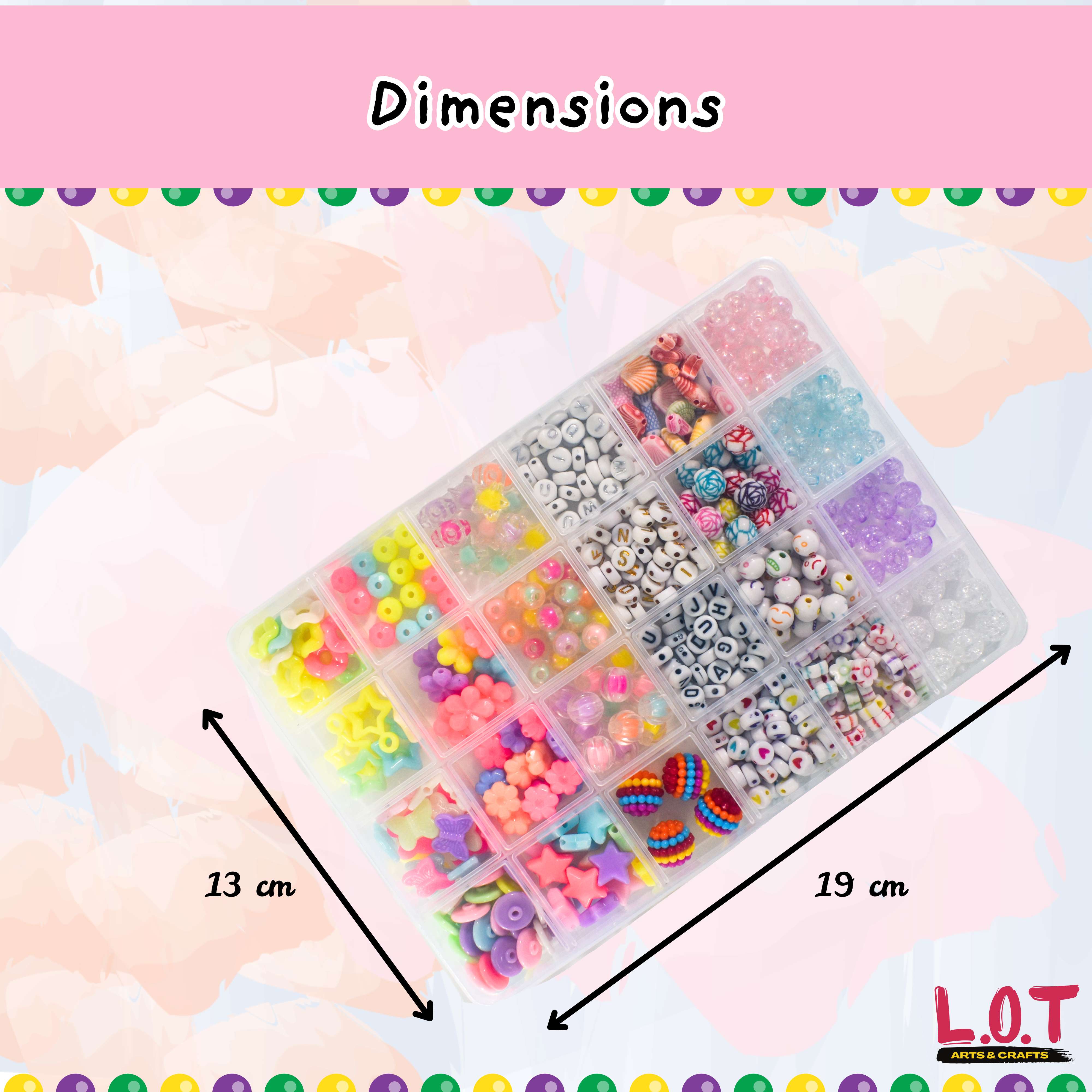 Colorful bead set in a clear organizer with dimensions indicated on a pastel background.