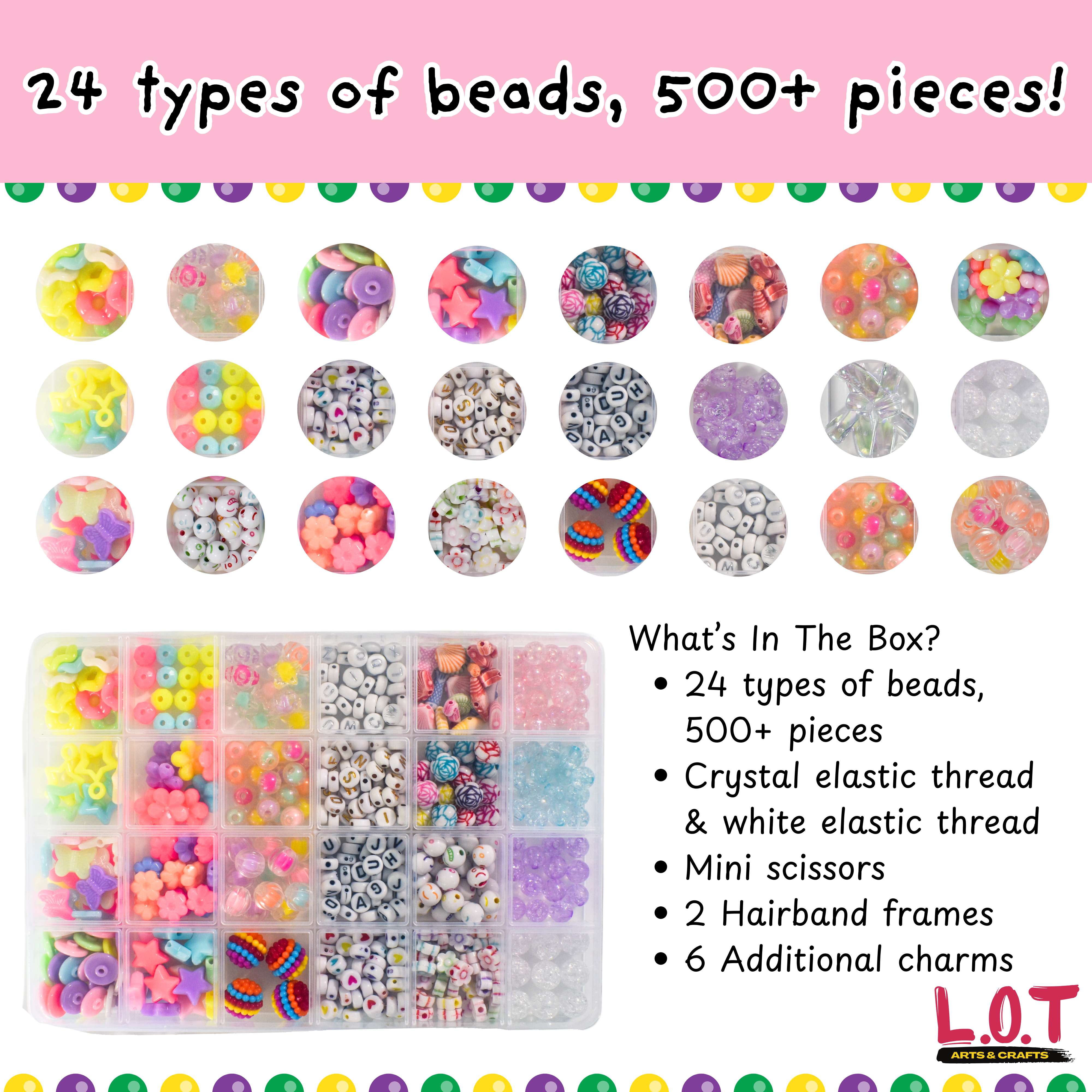 Assorted beads in a box with colorful bead samples above, on a pink background.