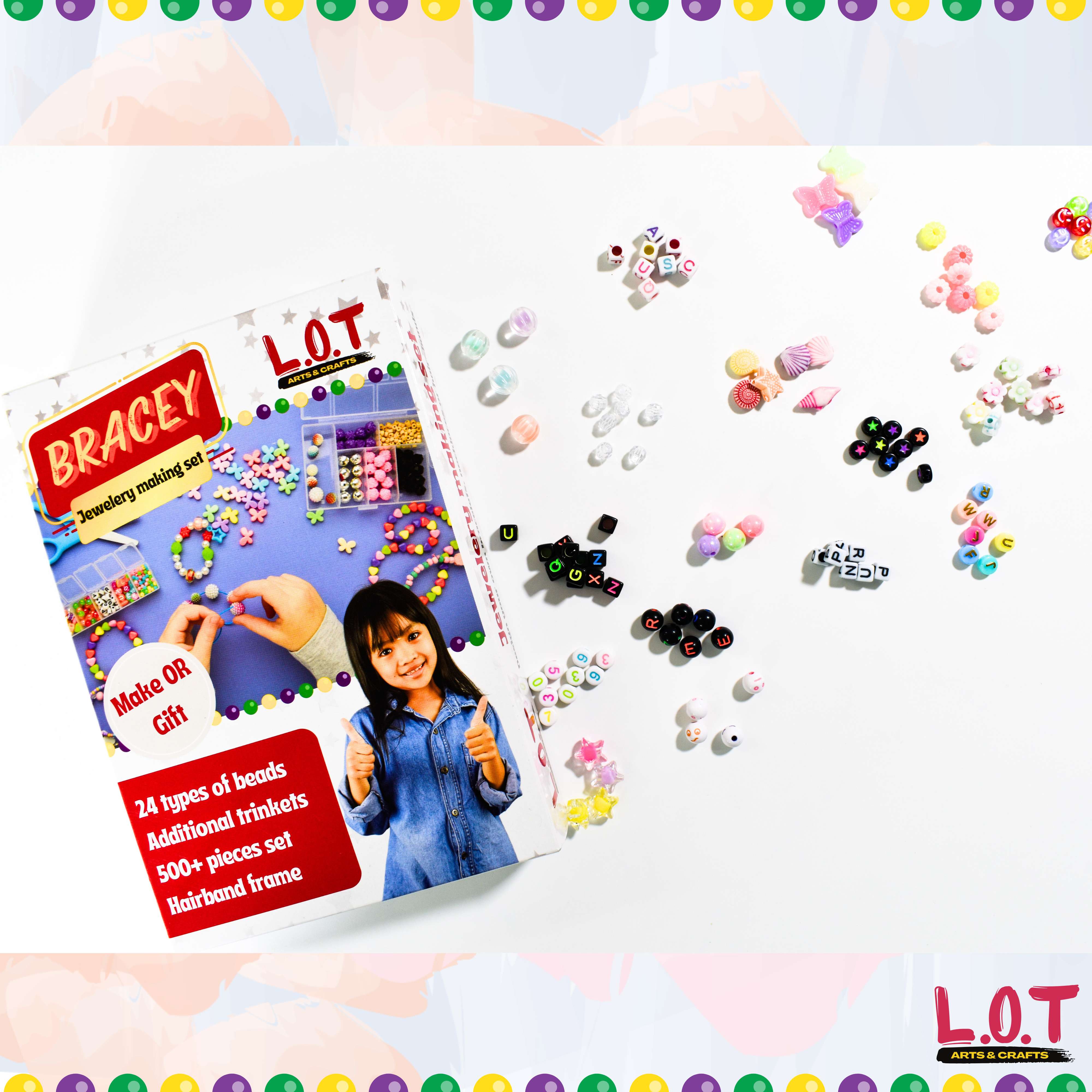 Beads and packaging with 'BRACEY' branding on a white background