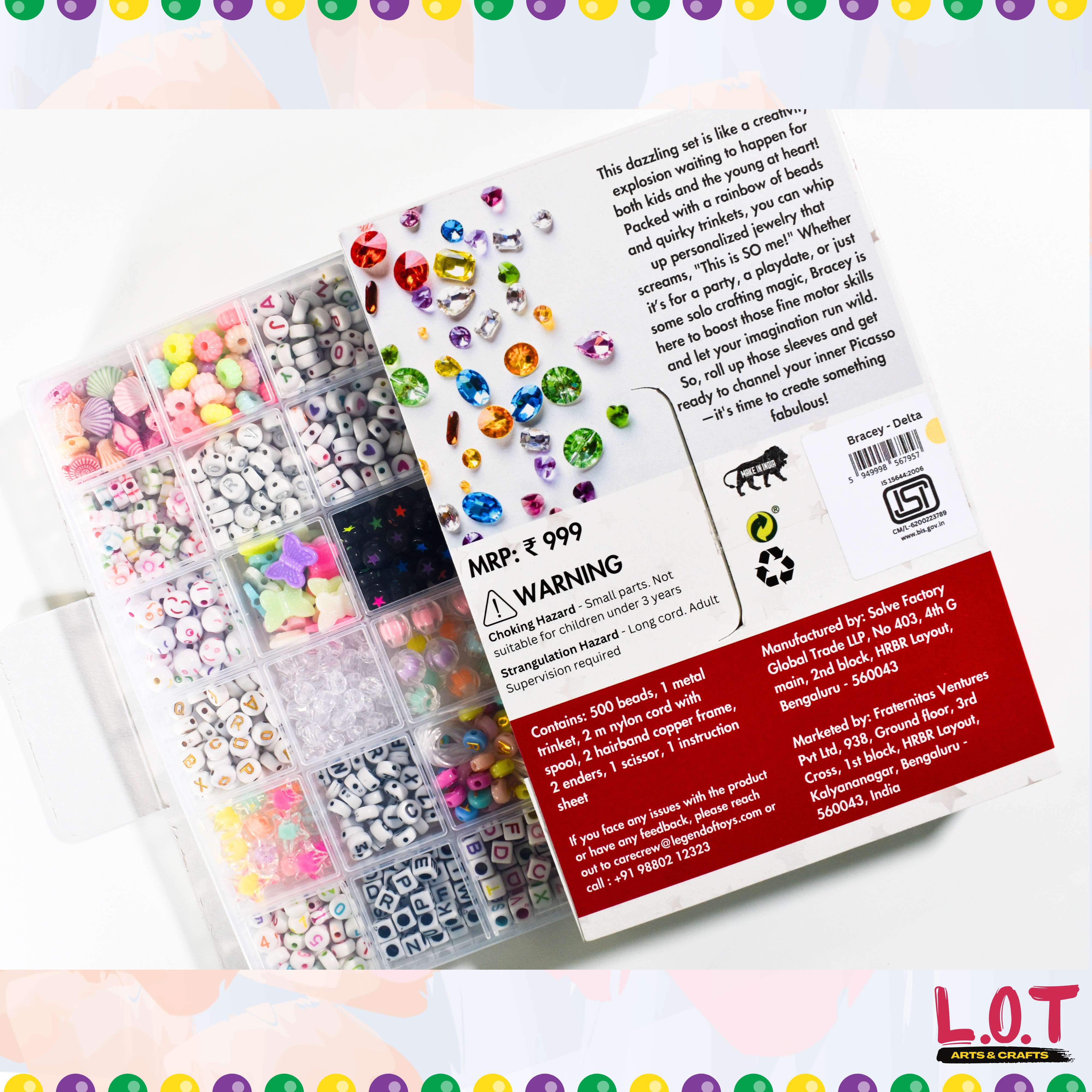 Packaging of a bead set with colorful beads and a warning label on a white background.