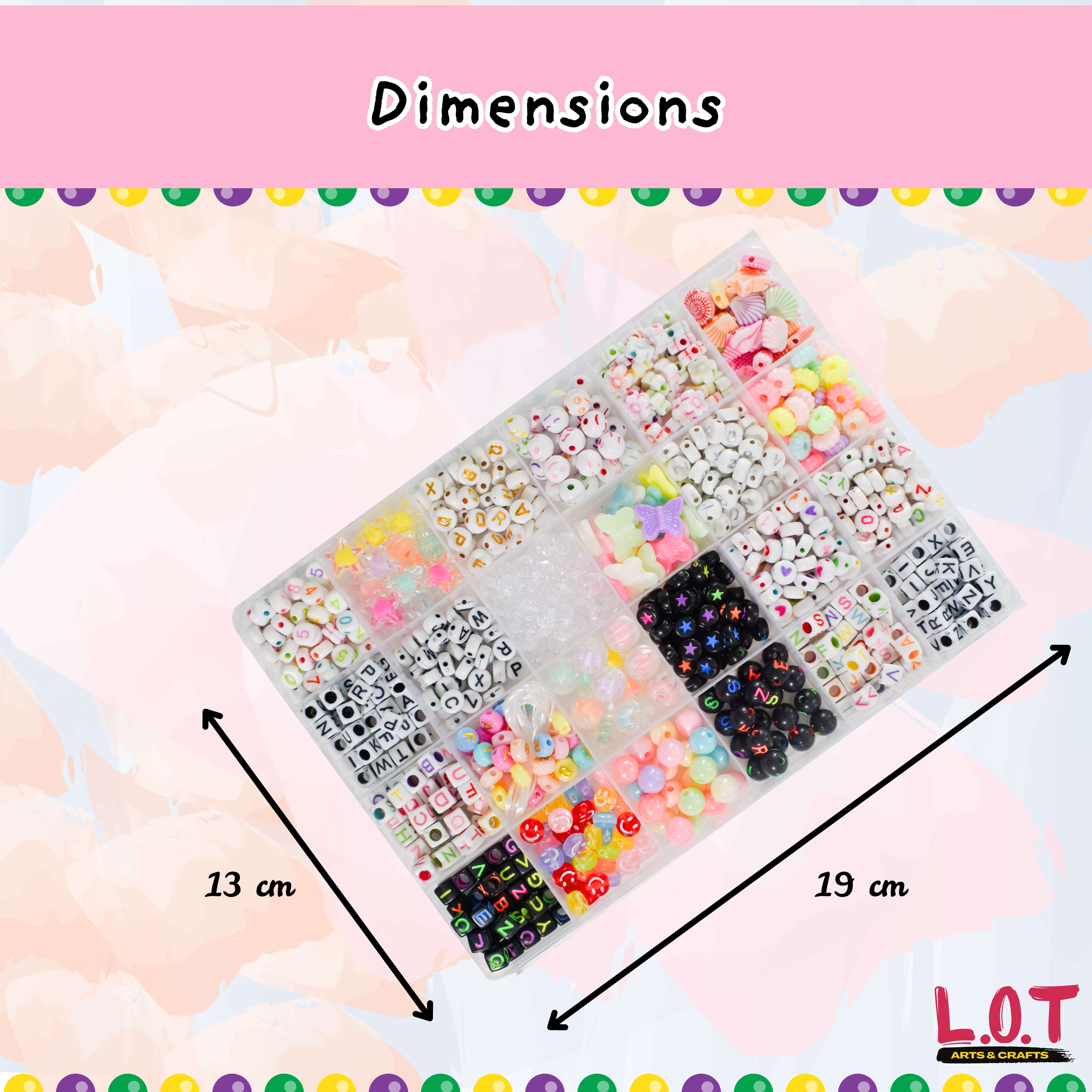 Transparent organizer with colorful beads and charms, showing dimensions on a pastel background.