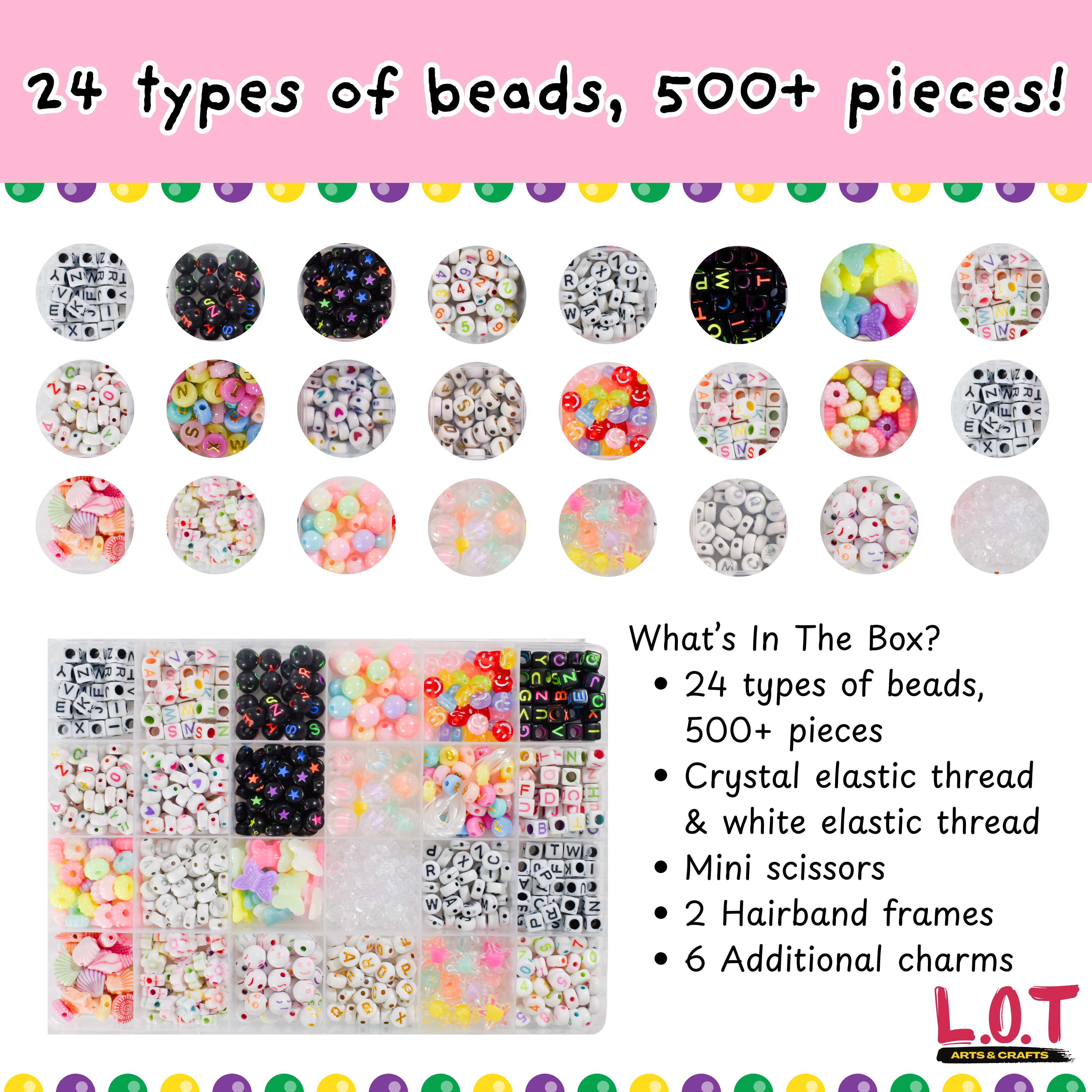 Assortment of colorful beads with text detailing types and quantity on a pink background.