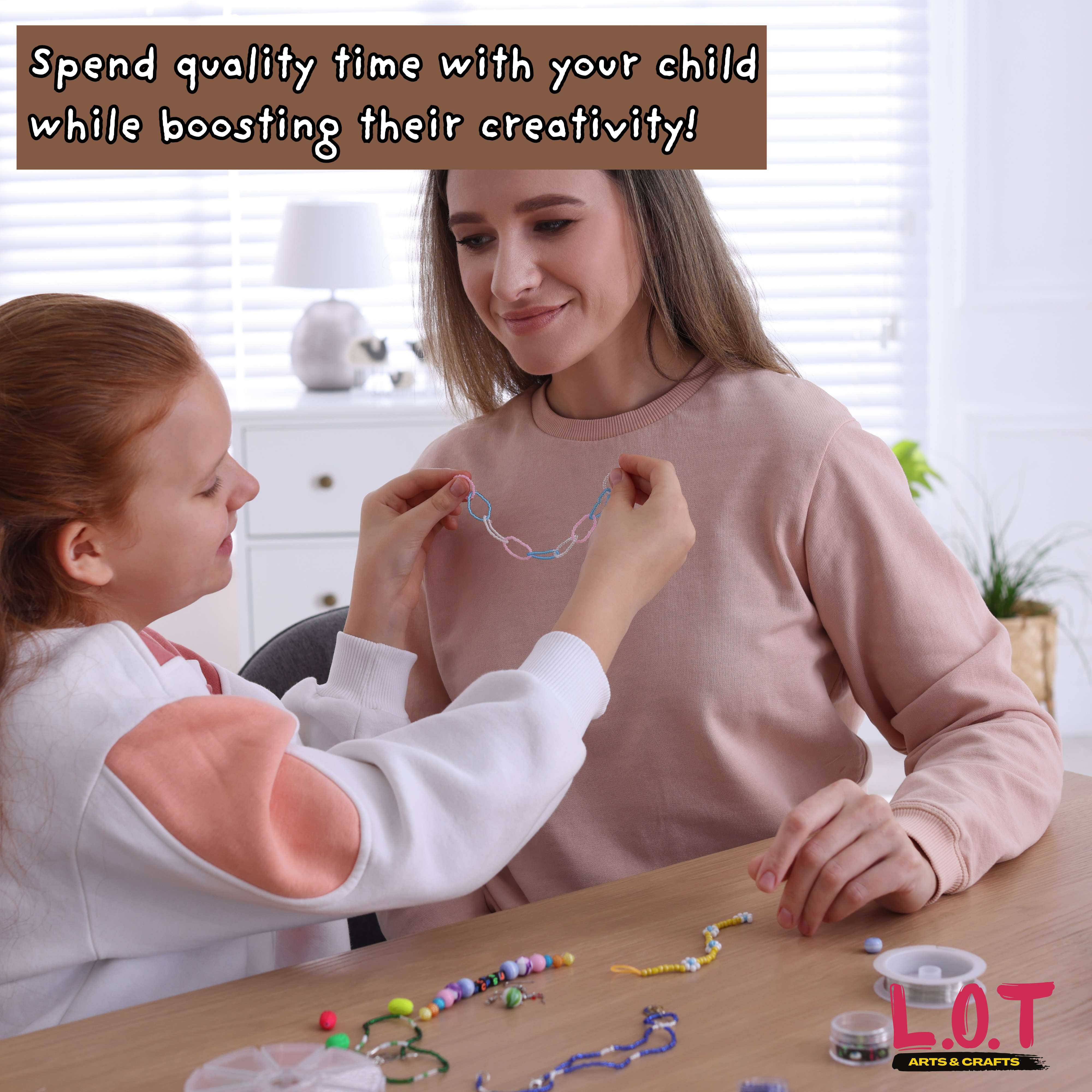 Two people making jewelry together with text promoting quality time and creativity.