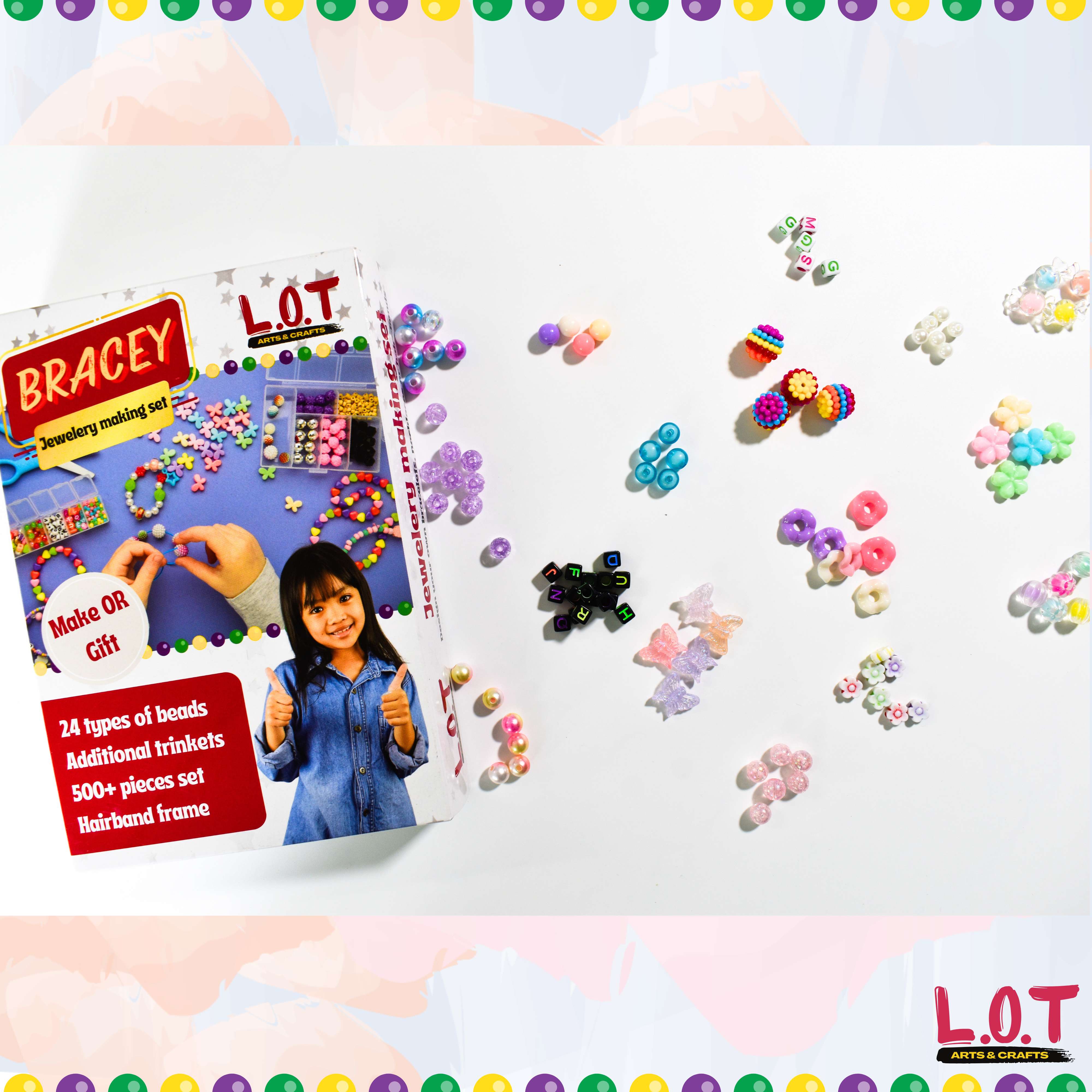 Jewelry making set with colorful beads and packaging on a white background