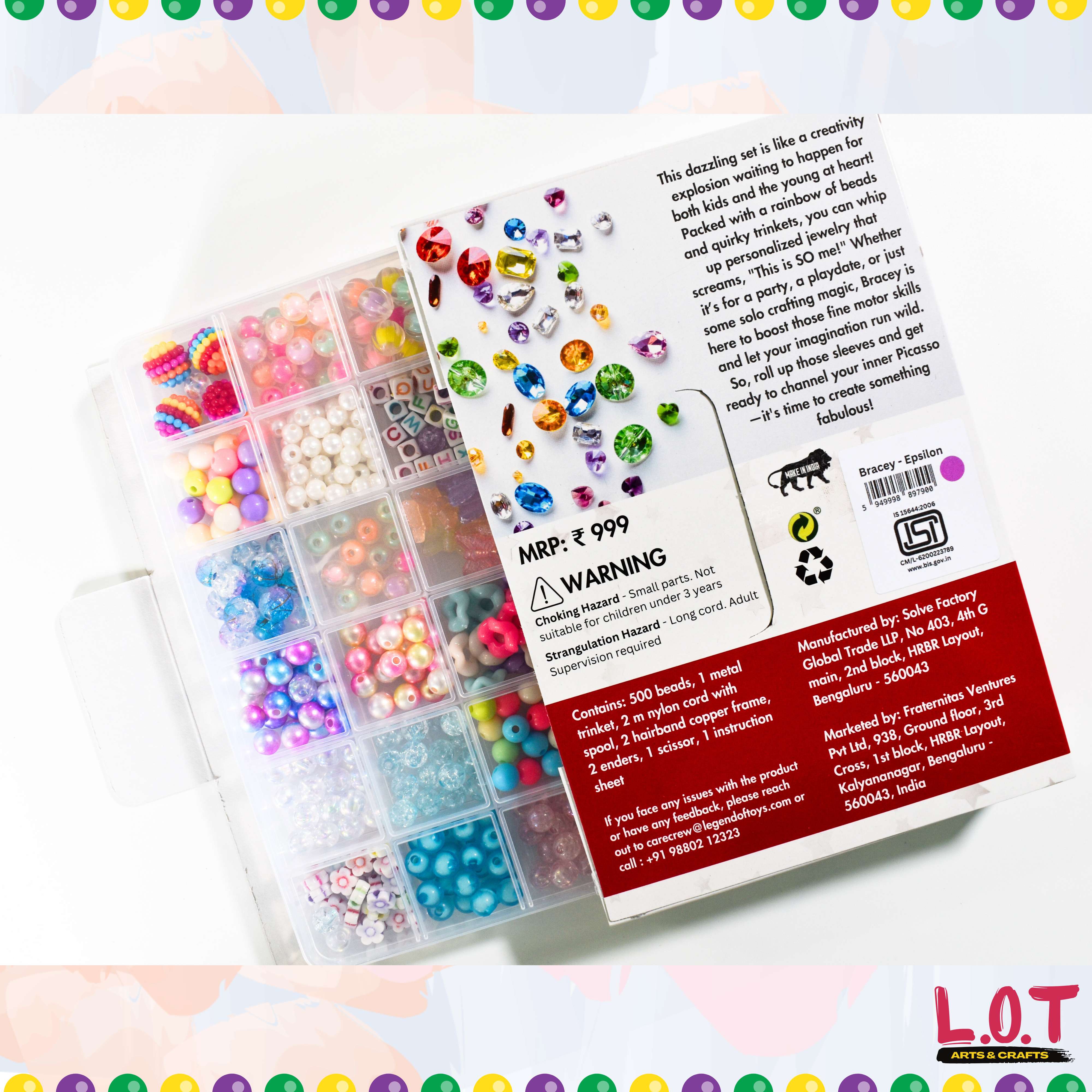 Colorful bead set with packaging and warning label on a white background