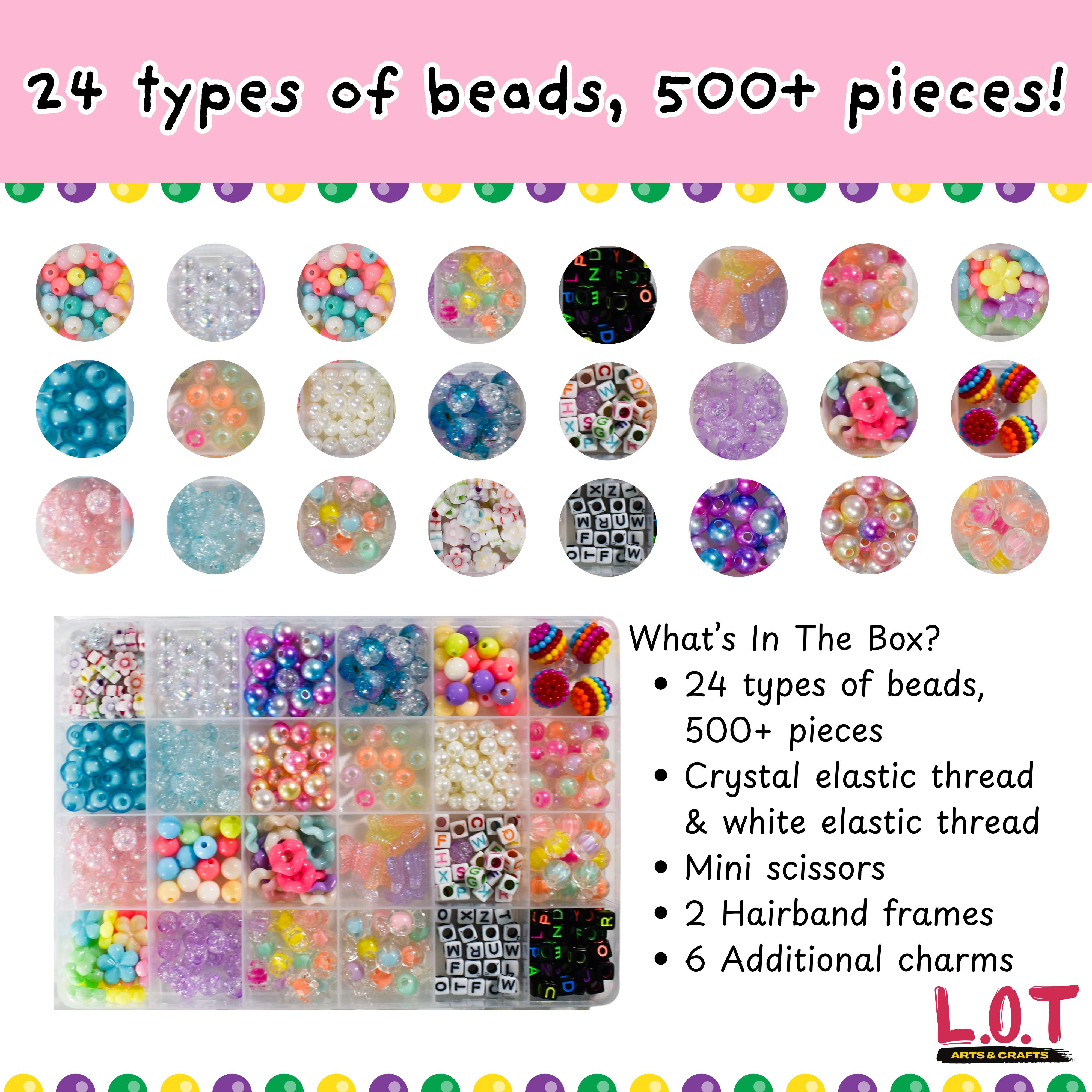 Assortment of colorful beads with packaging and product details on a pink background