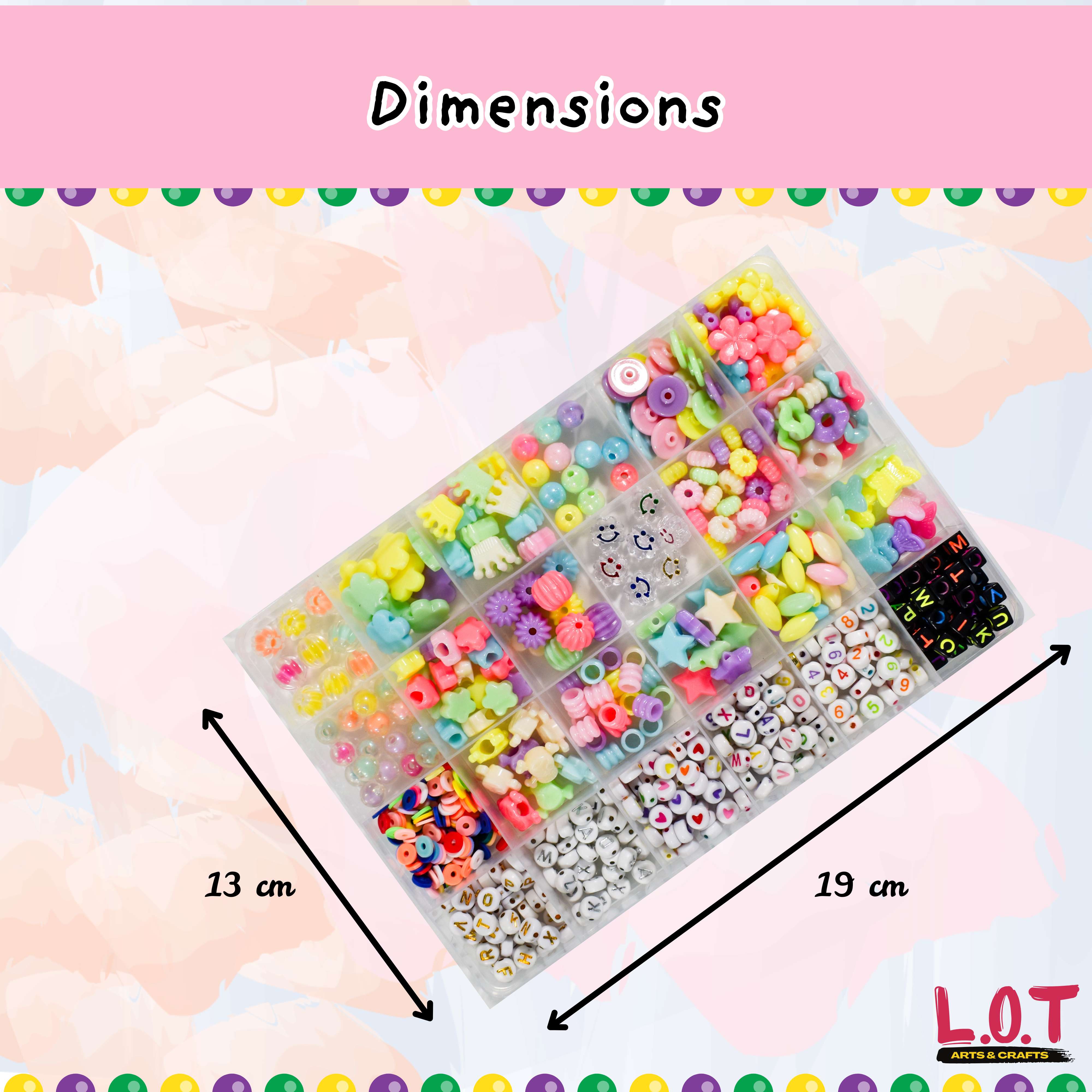 Colorful bead set in a clear container with dimensions labeled on a pink background