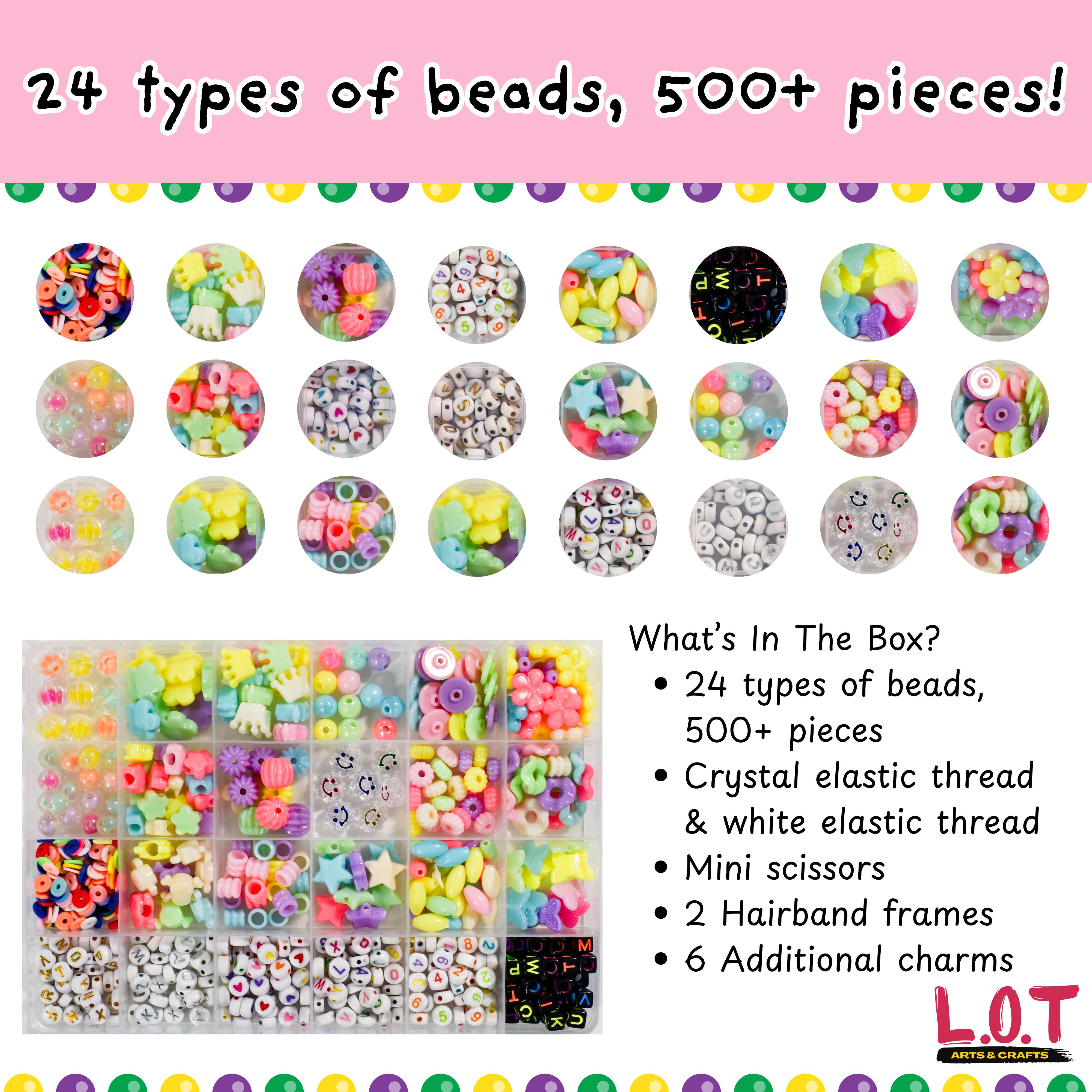 Assorted beads in a box with colorful packaging and text detailing bead types and quantity.