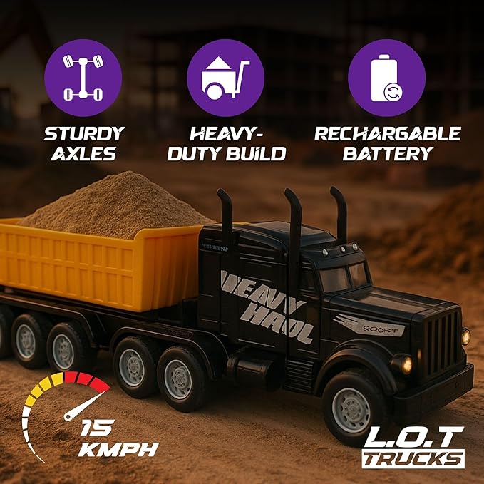 Black RC dump truck with features highlighted on a dark background