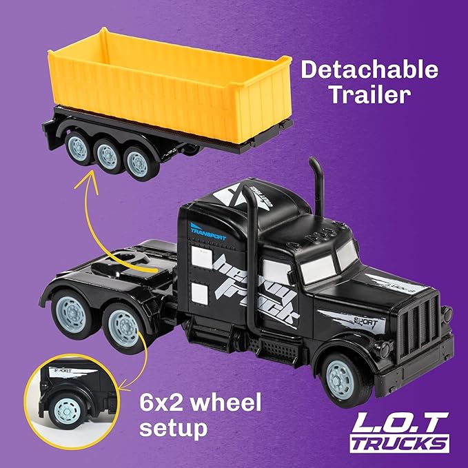 Black RC truck with detachable trailer on a purple background, featuring L.O.T Trucks branding.