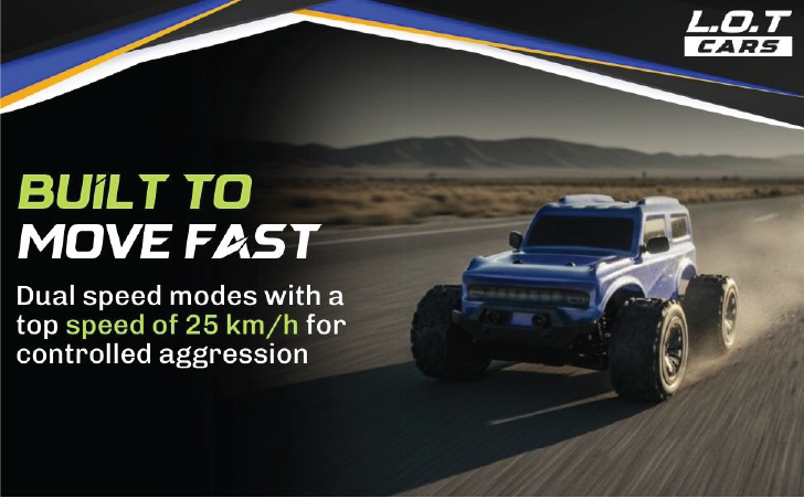 Blue off-road RC car on a road with promotional text about speed and features, branded 'L.O.T. Cars'.