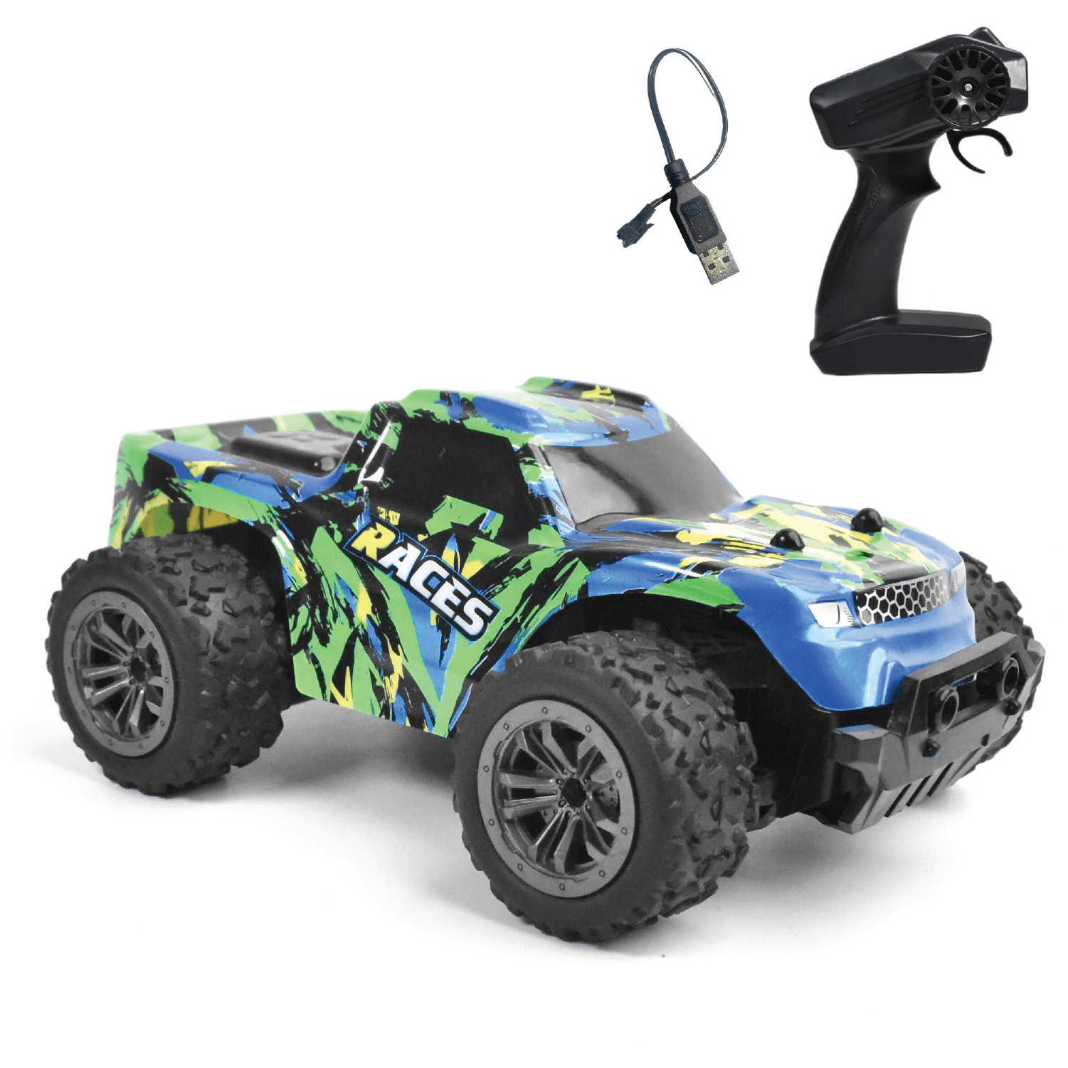 Toy RC off-road vehicle with colorful design and remote control on a white background