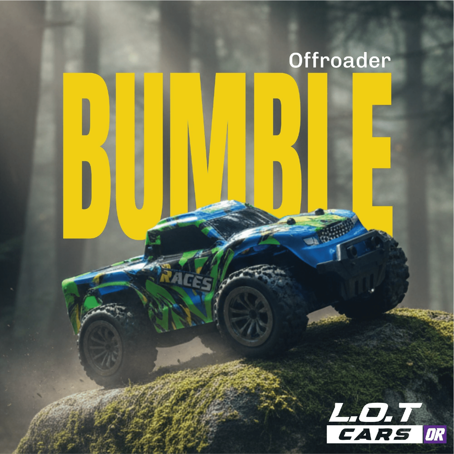 Toy off-road RC vehicle on a rock with 'Offroader BUMBLE' text and 'L.O.T Cars' branding.