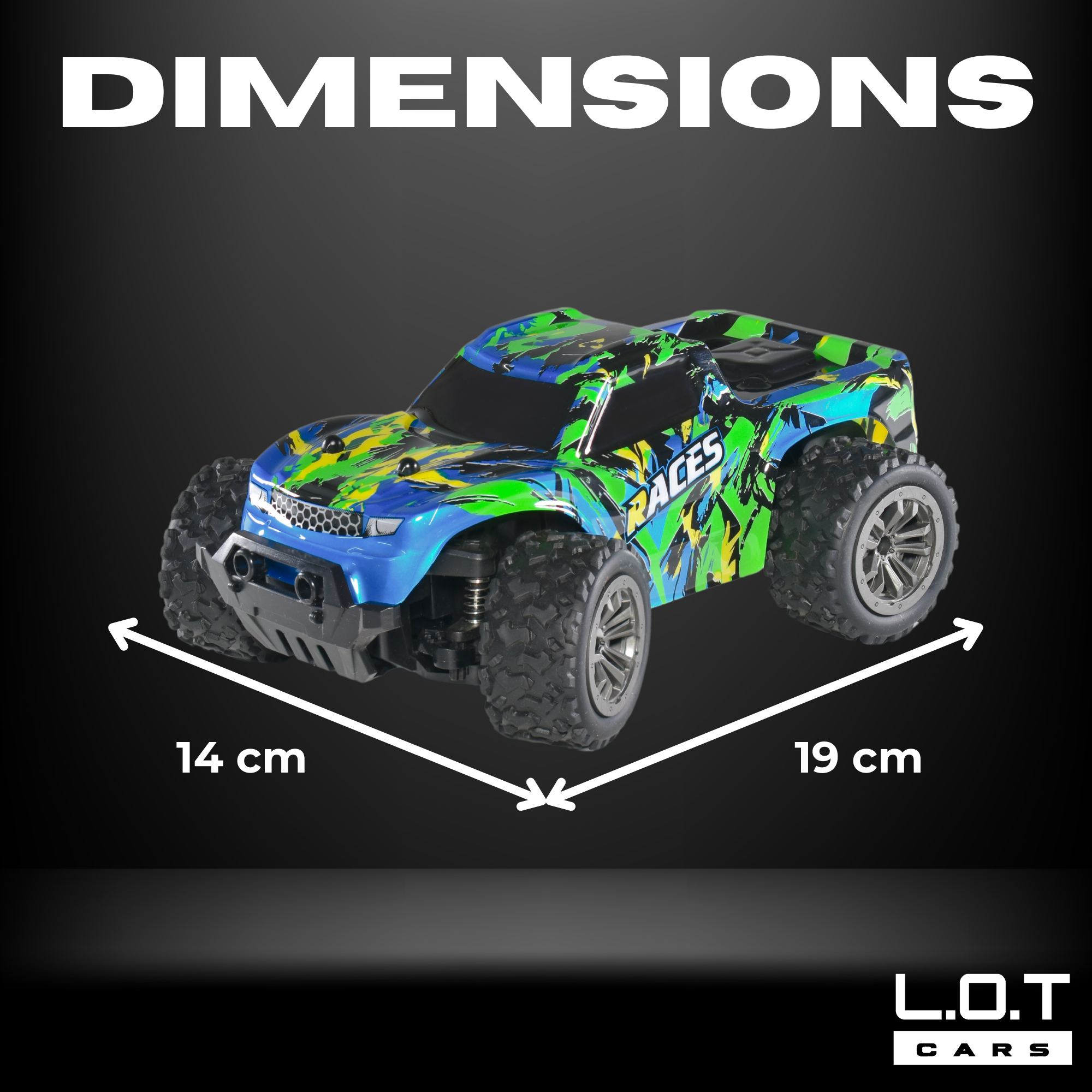 Size and Dimensions of L.O.T Cars Bumble Off Road Remote Control Car (Green)