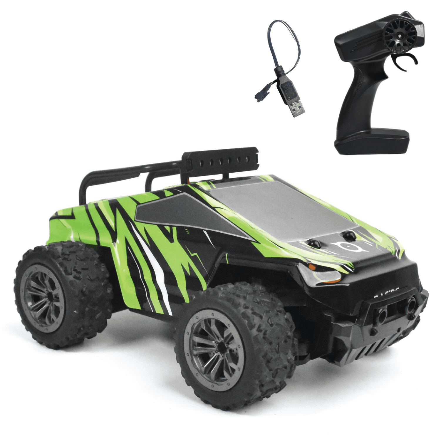 black and green RC car with what's included in the box