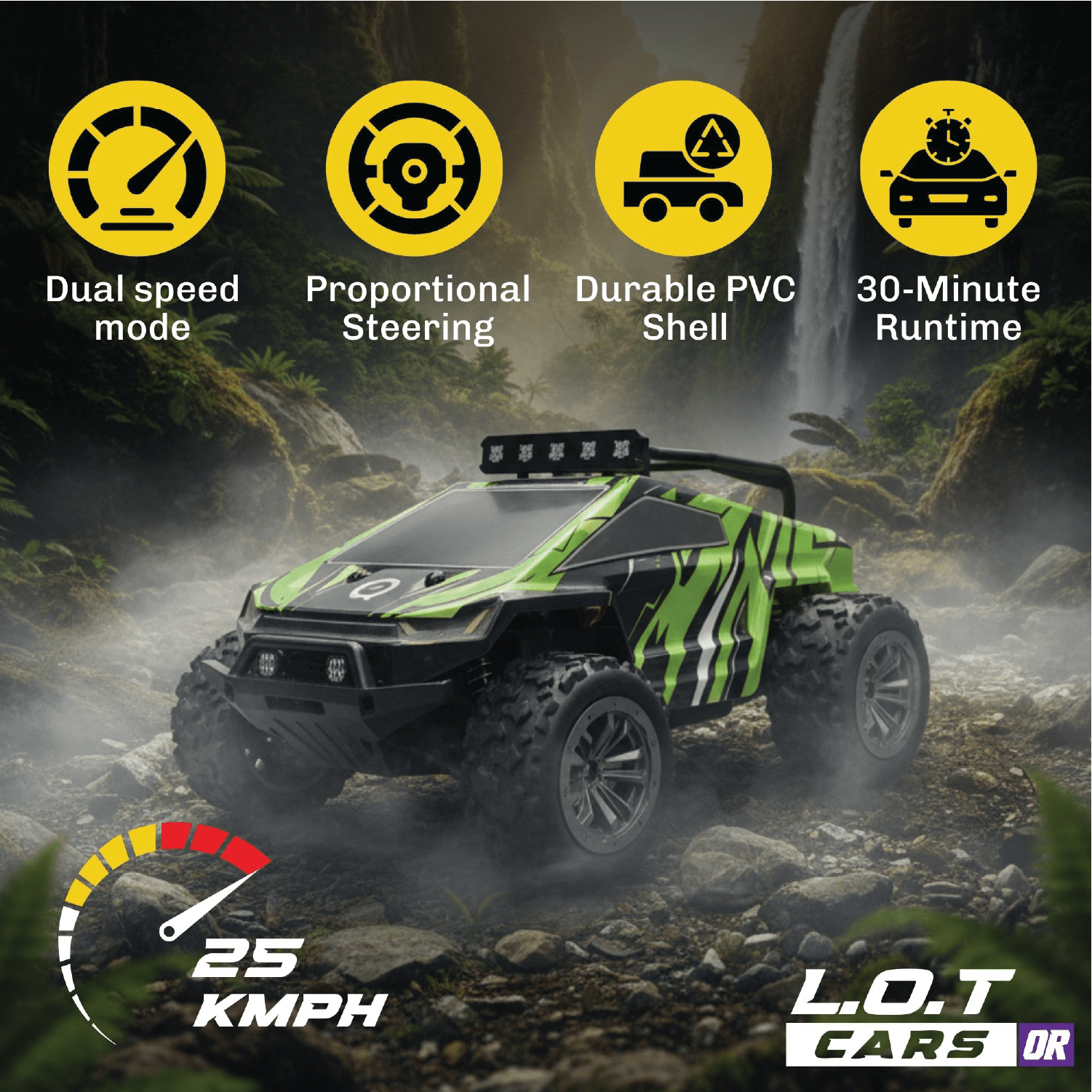 Green and black remote control car on a rocky trail with feature icons and text.