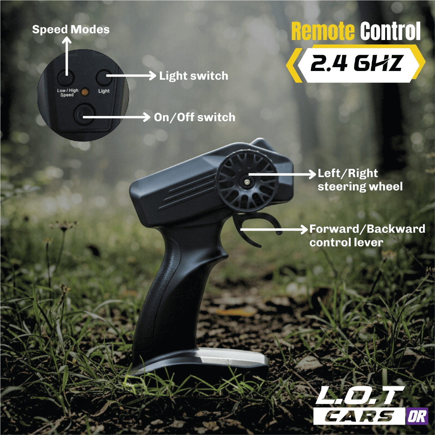 Remote control device with labeled controls on a grassy background, featuring 'L.O.T Cars' branding.