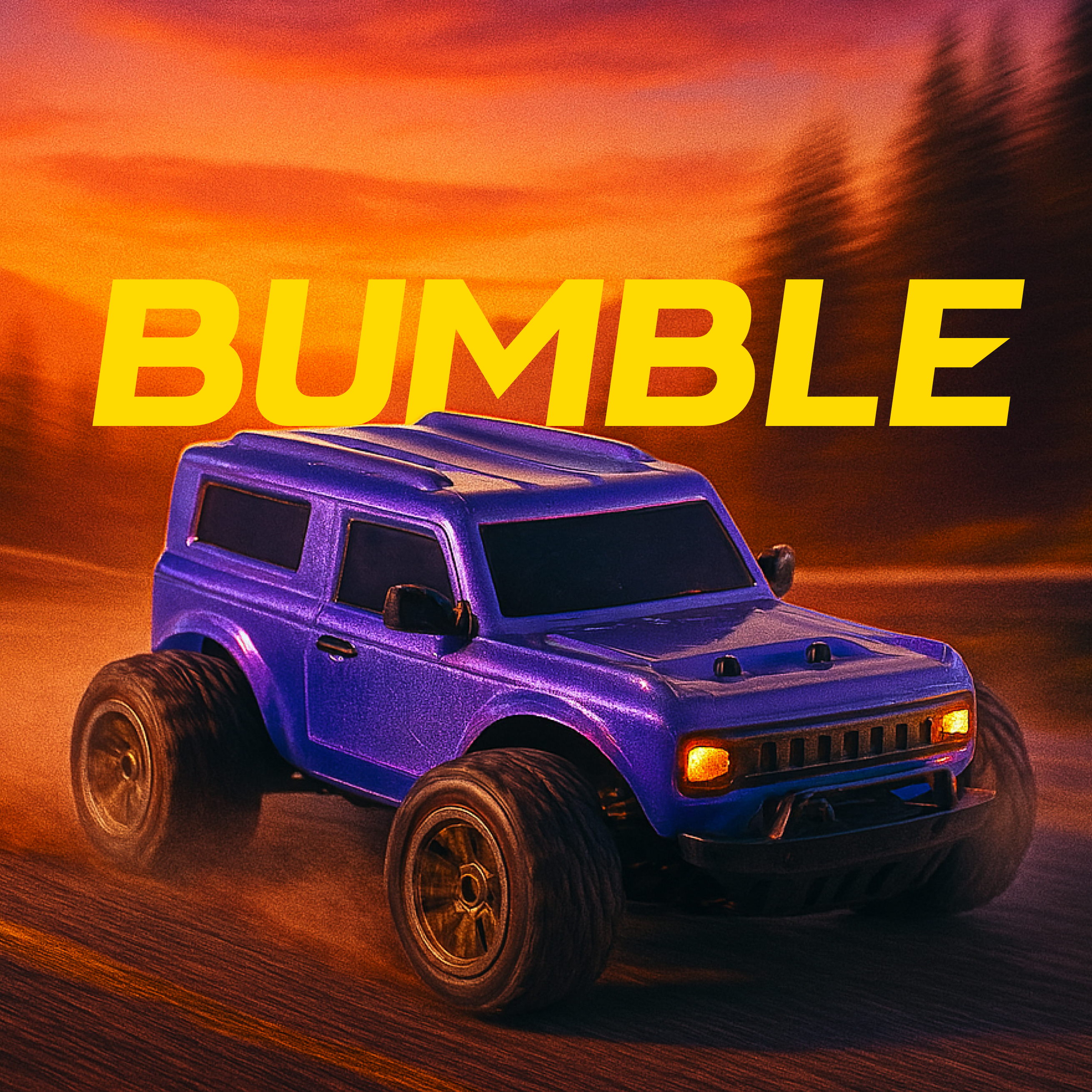 Blue RC toy truck with 'BUMBLE' text against a sunset background
