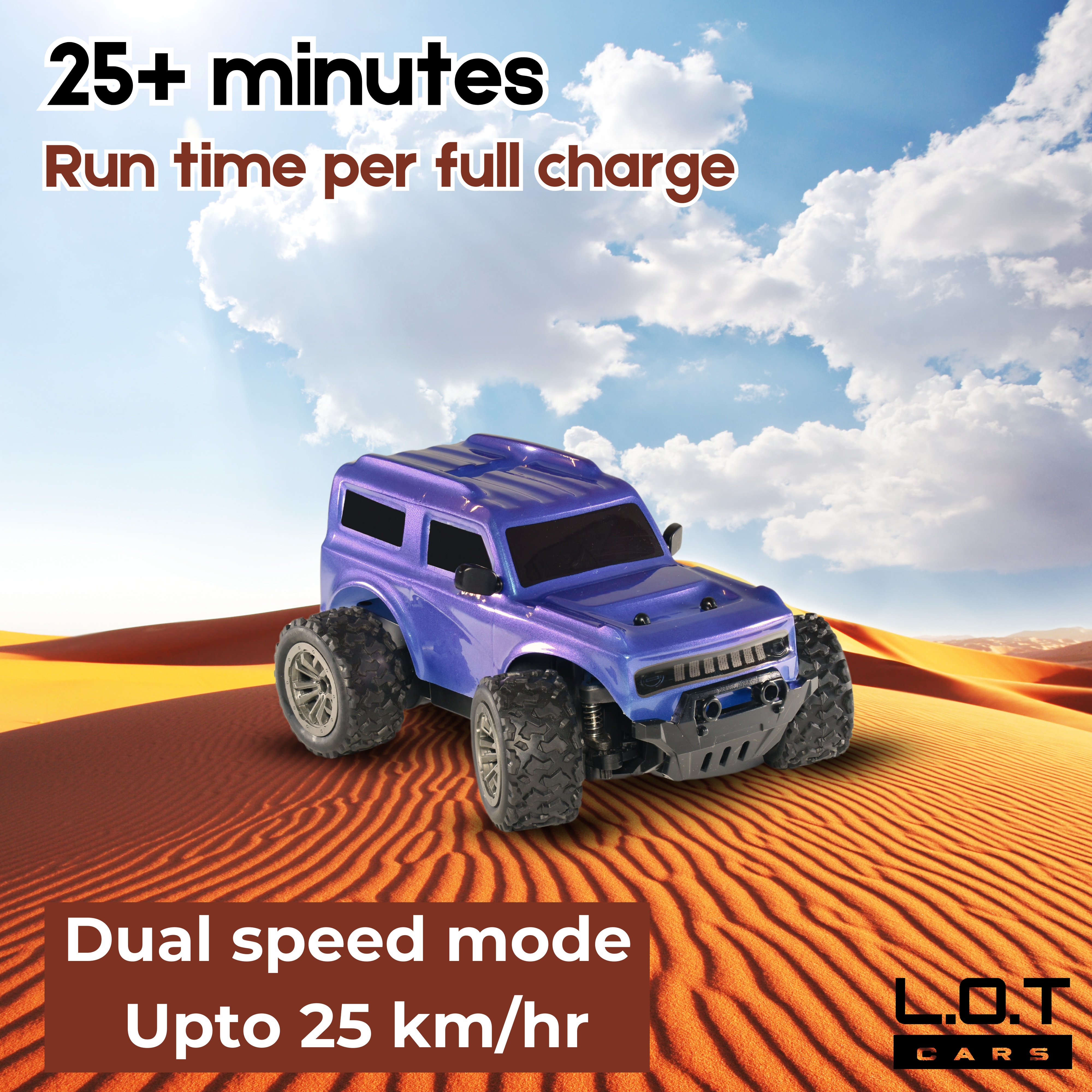 Features of L.O.T Cars Bumble Off Road Remote Control Car (Navy Blue), displayed on a desert background