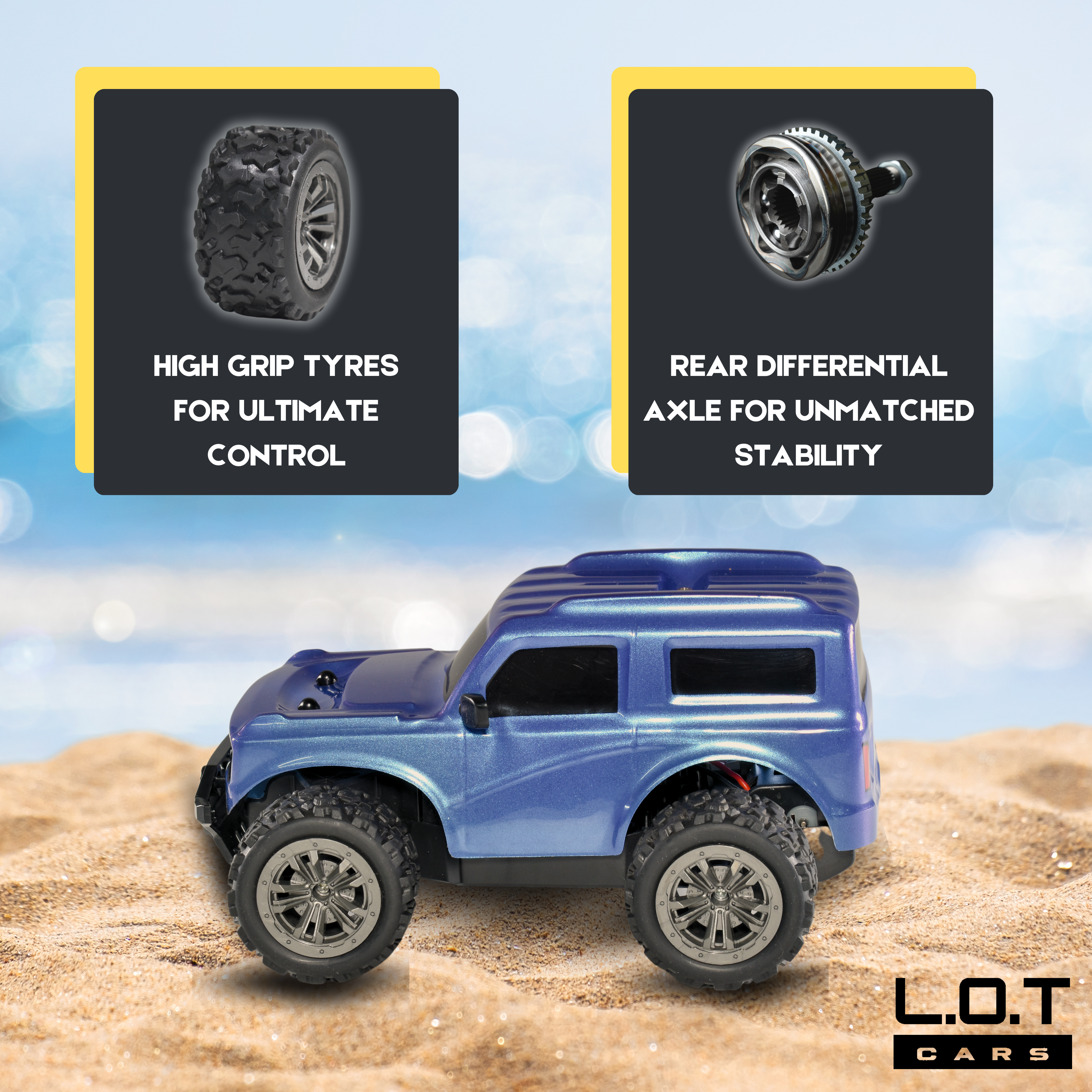 More features of L.O.T Cars Bumble Off Road Remote Control Car (Navy Blue), displayed on a sandy background