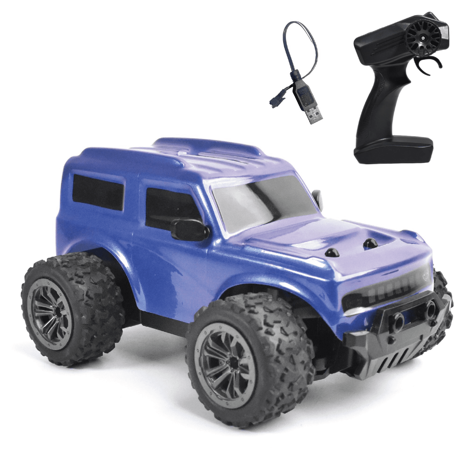 Blue remote control toy RC truck with a black controller on a white background