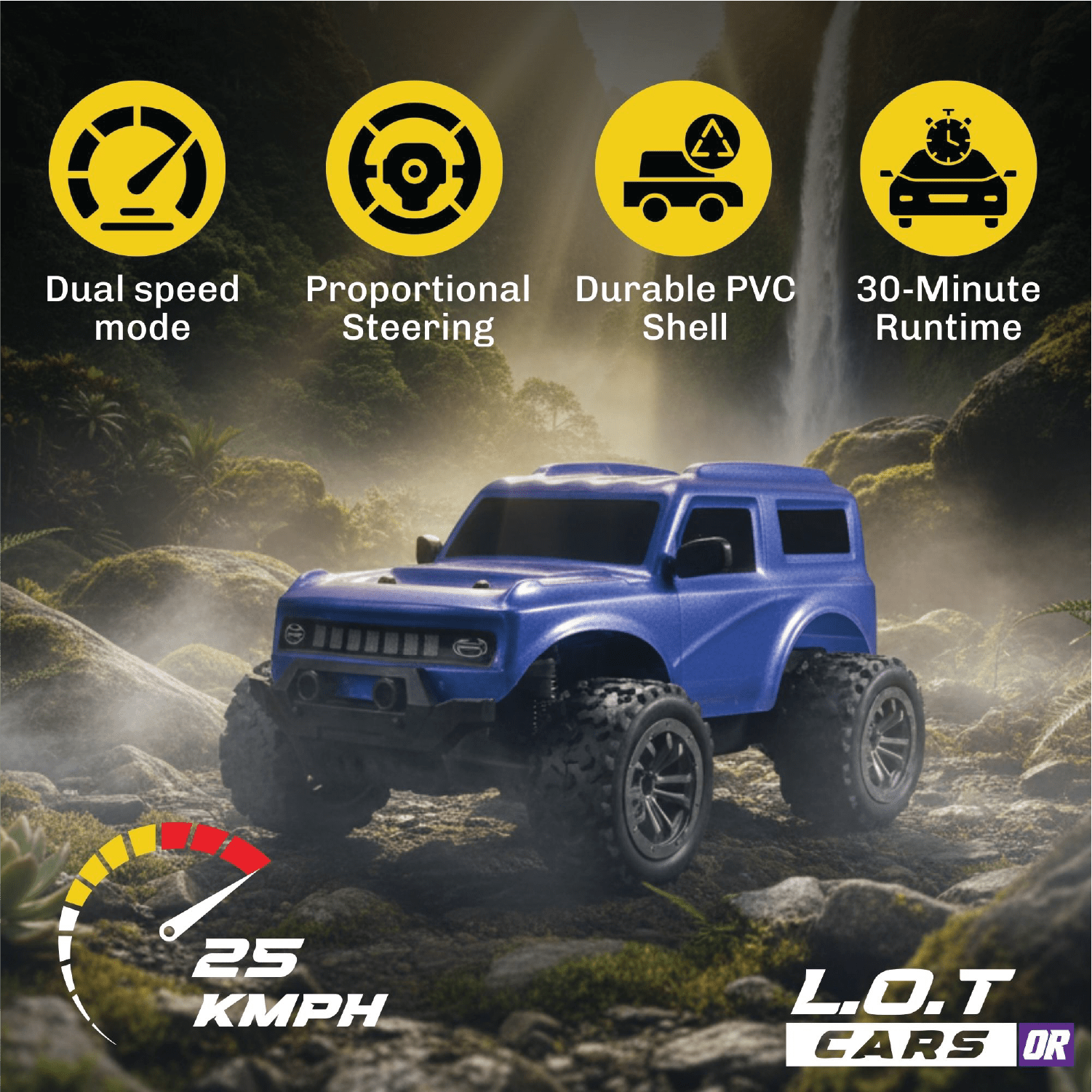 Blue toy RC truck on a rocky landscape with feature icons and text.