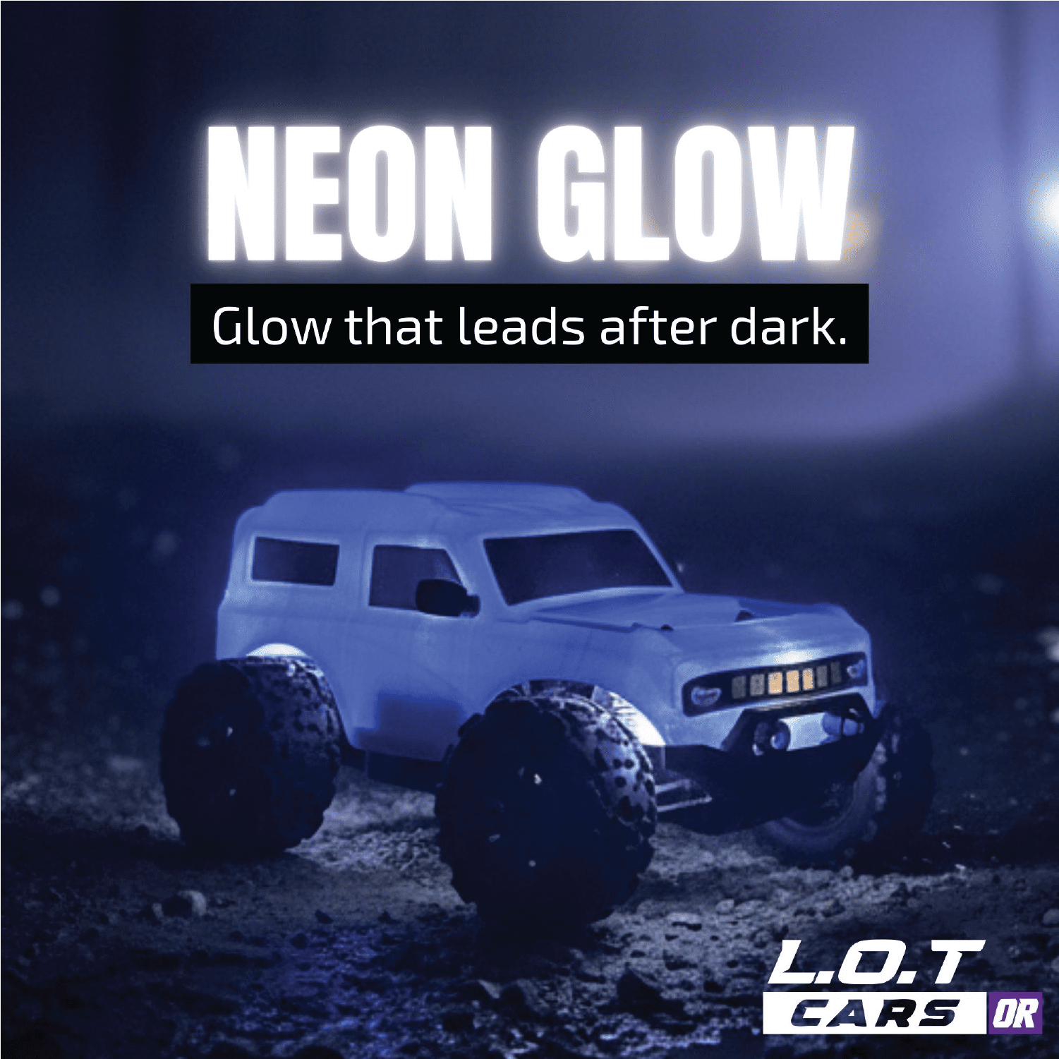 Toy RC car with neon glow effect on a dark background, featuring the brand 'L.O.T Cars'.