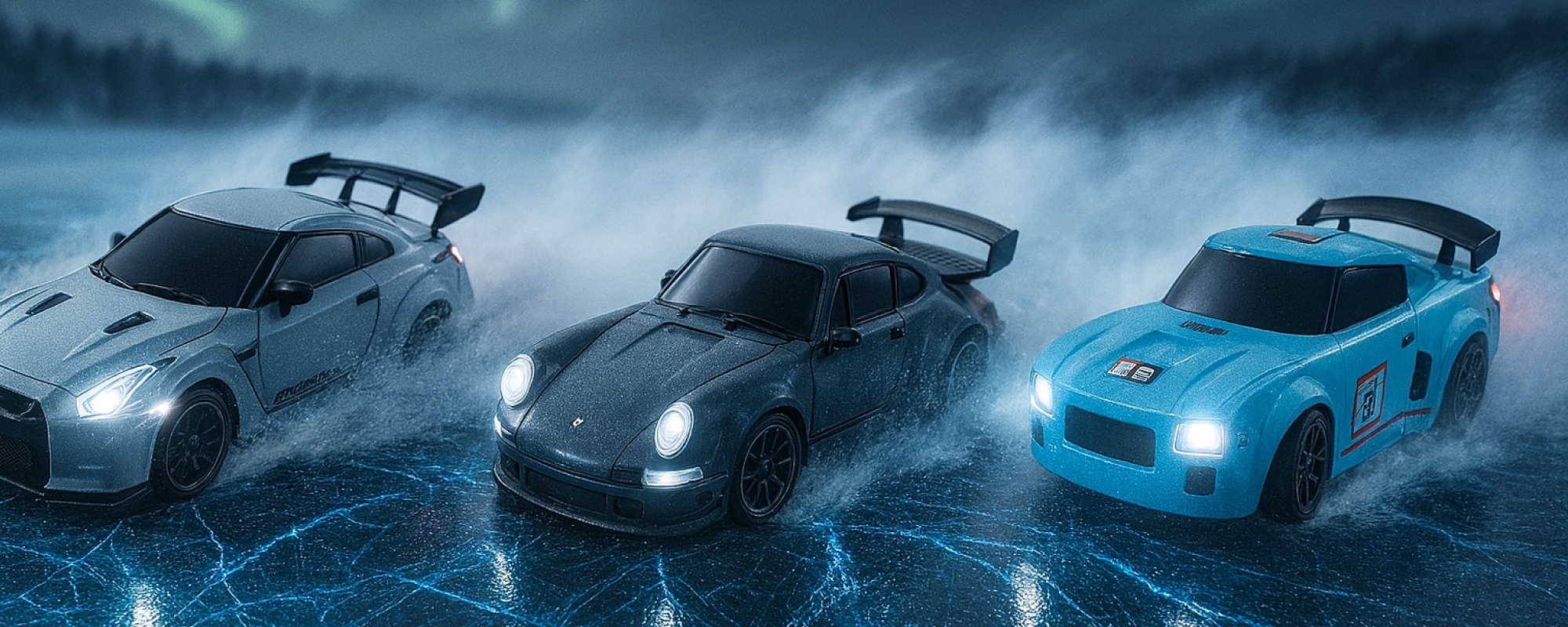 Three RC sports cars racing on a wet road with a dark, stormy sky.