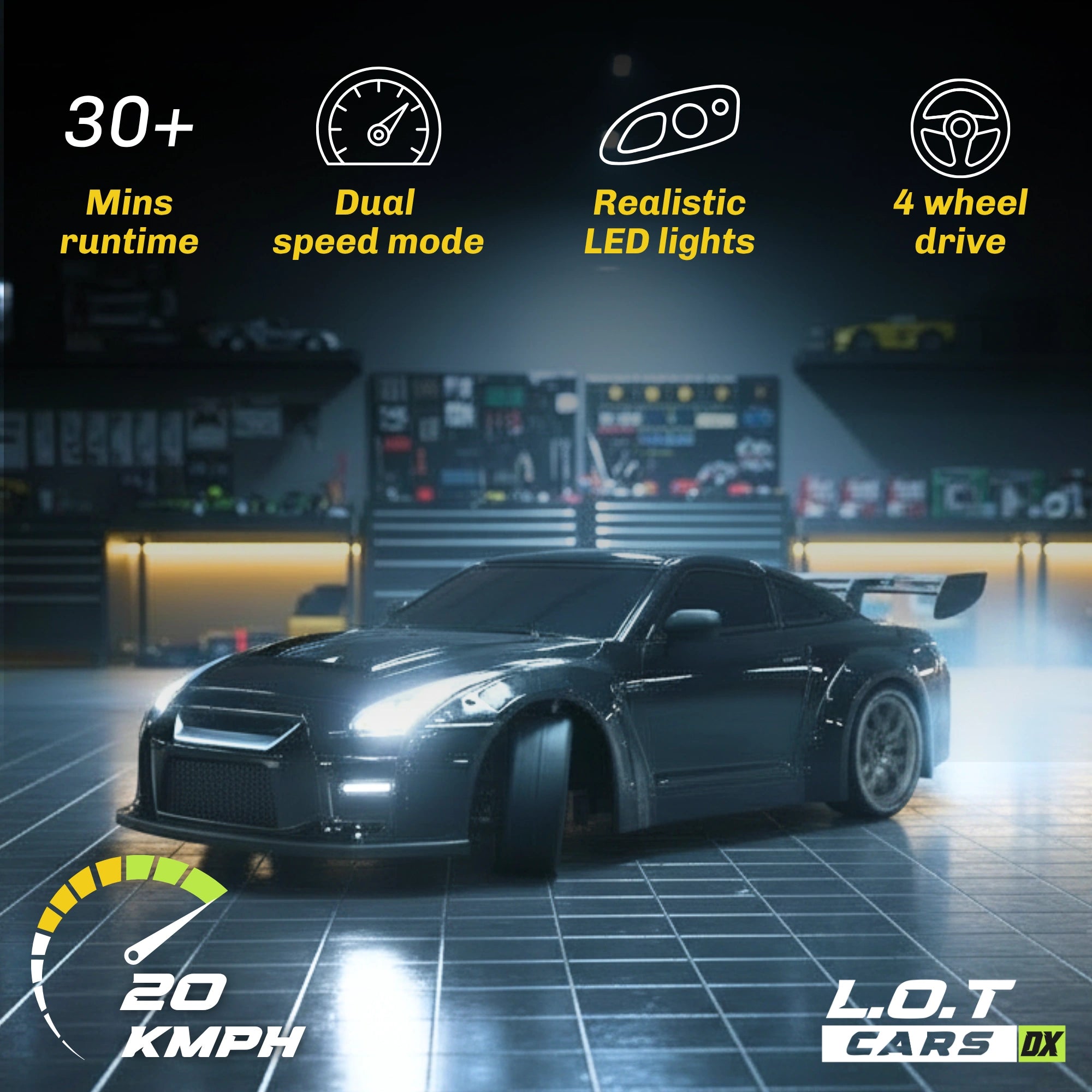 RC car on a track with features highlighted and L.O.T Cars branding.