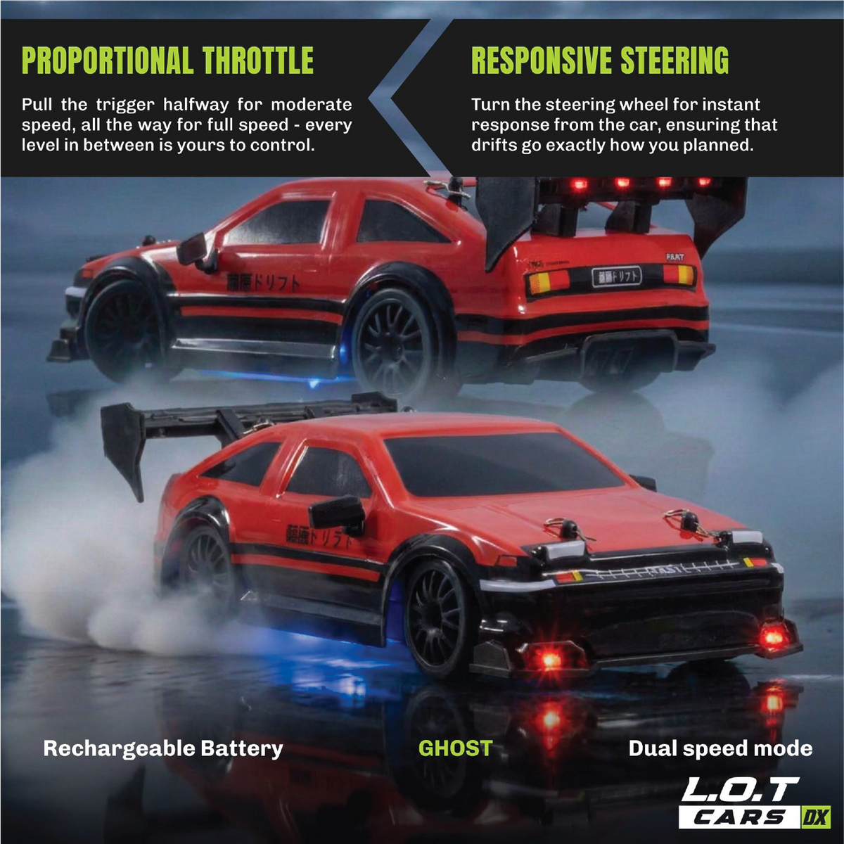 Proportional throttle and responsive steering explained on the red Ghost drift hatchback, shown drifting through smoke