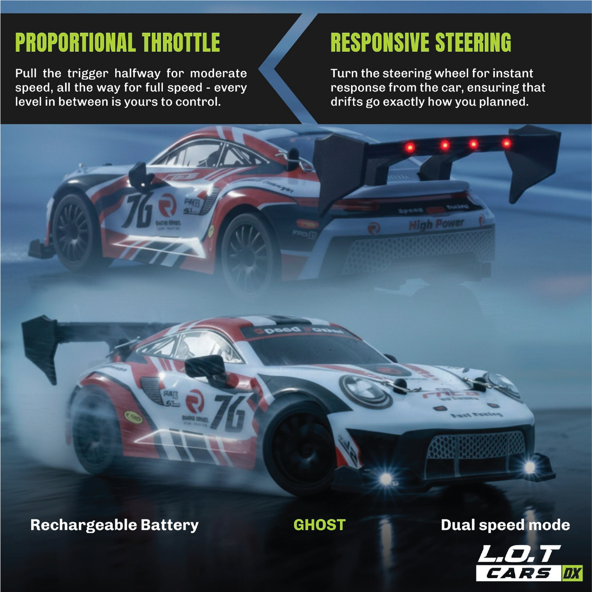 Proportional throttle and responsive steering explained on the Ghost in Burnout Red, shown drifting through smoke