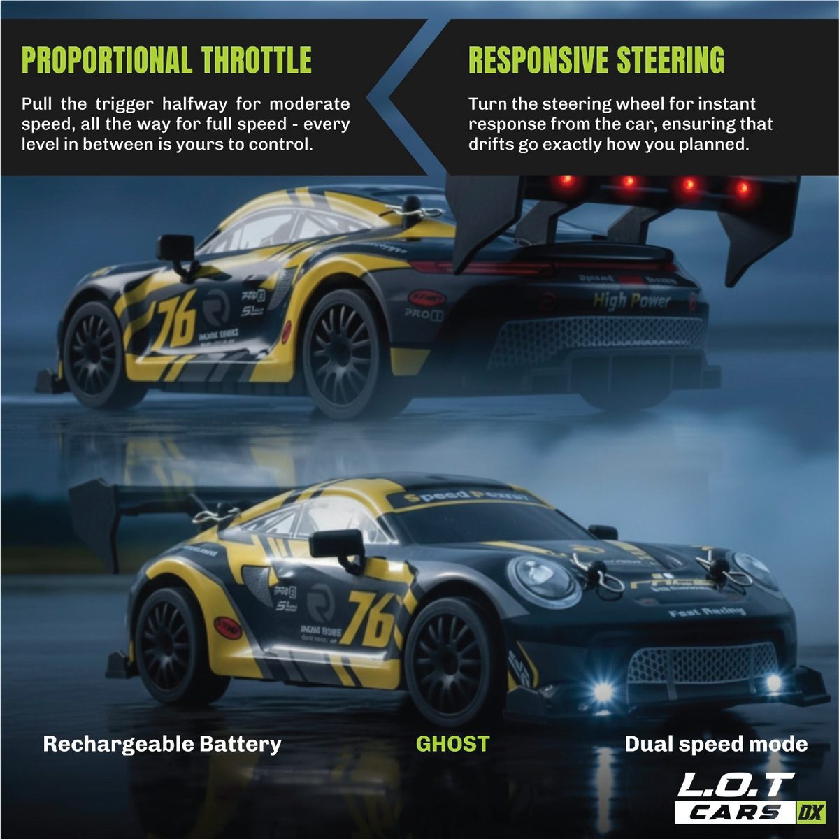 Proportional throttle and responsive steering explained on the Ghost in Burnout Yellow, shown drifting through smoke
