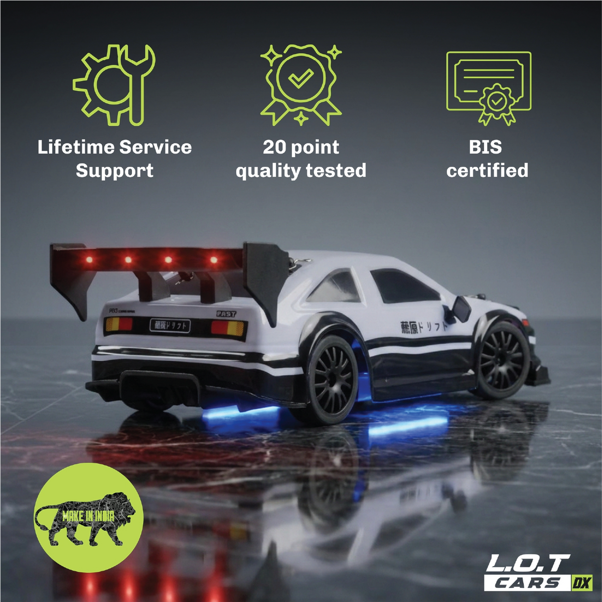 White and black Ghost wedge coupe above badges for lifetime service support, 20-point quality testing and BIS certification