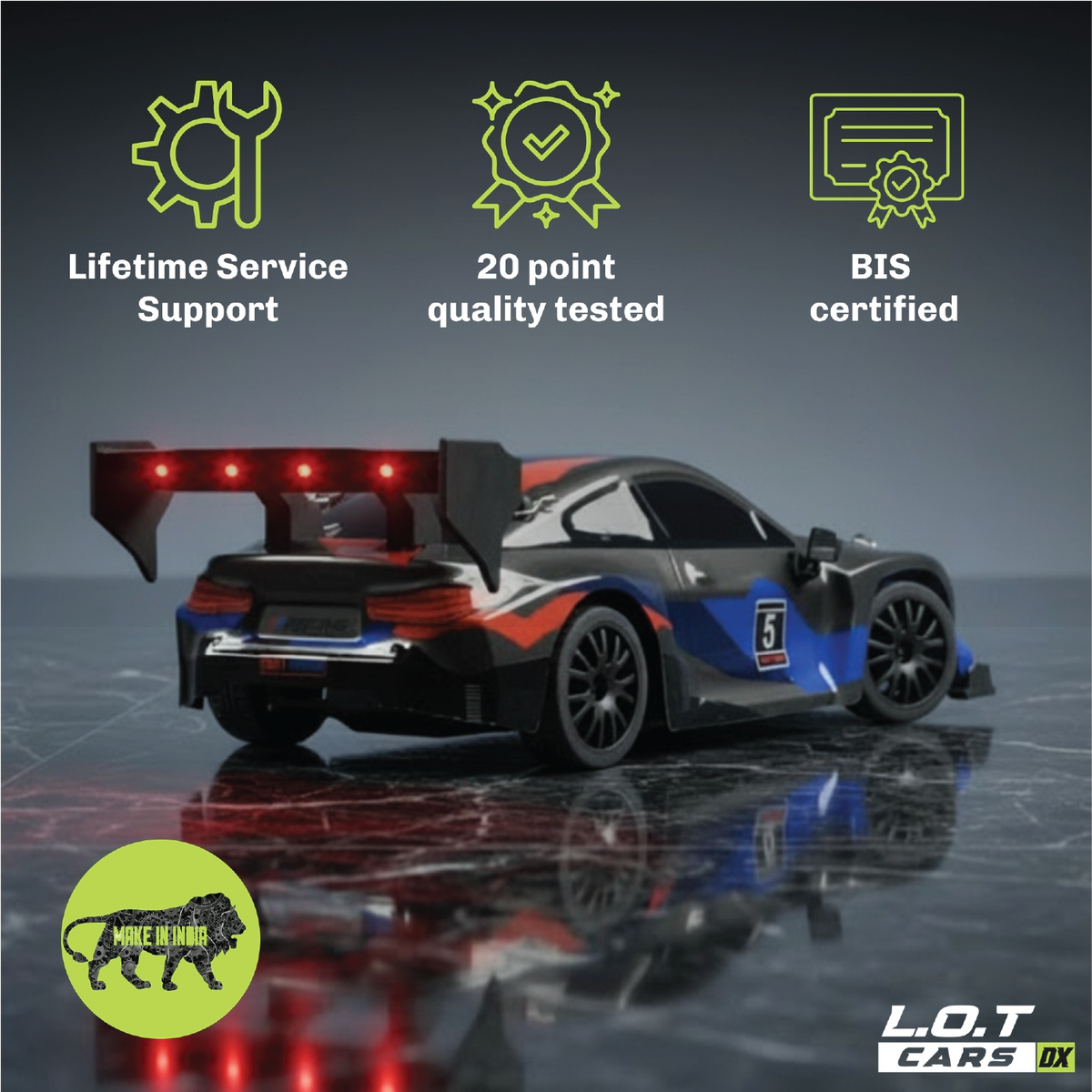 Ghost in blue and red race livery above badges for lifetime service support, 20-point quality testing and BIS certification