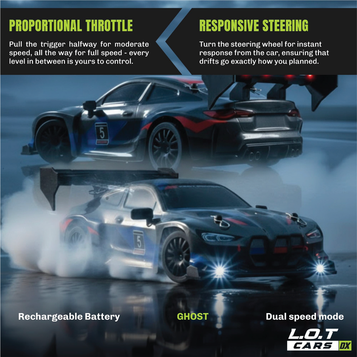 Proportional throttle and responsive steering explained on the Ghost in blue and red race livery, shown drifting through smoke