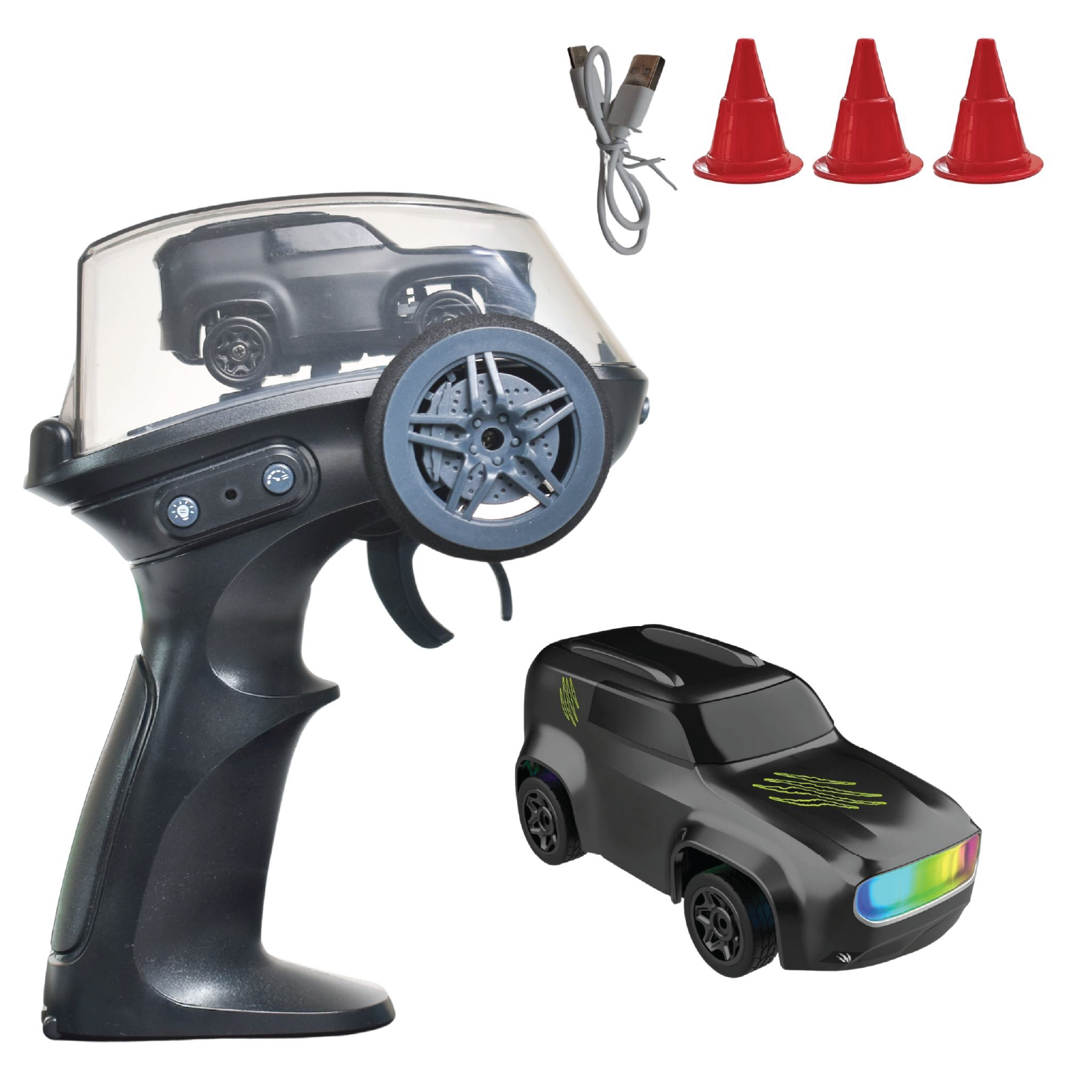 Remote control car set with controller, RC car, and traffic cones on a white background