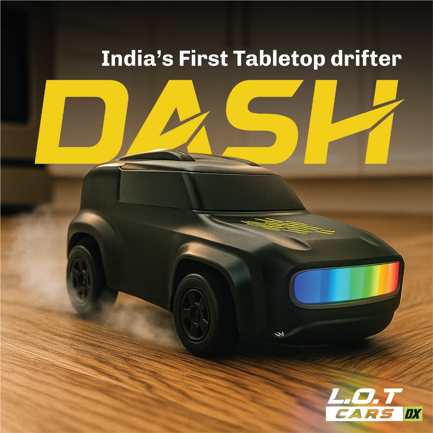 Black toy RC car with rainbow front lights on a wooden surface, labeled 'India's First Tabletop Drifter DASH' by L.O.T Cars DX.