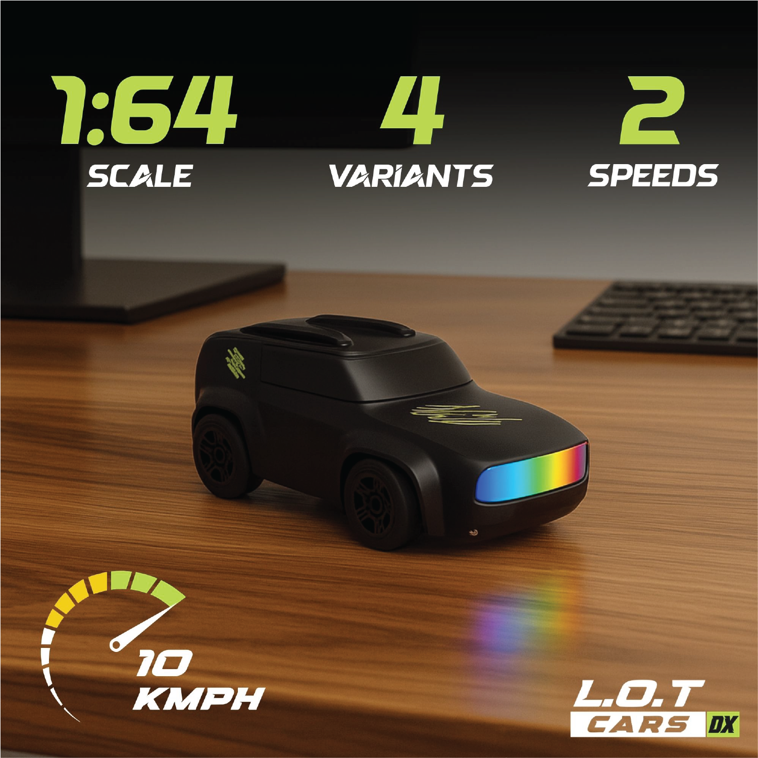 Black RC toy car with rainbow lights on a desk, featuring text about scale, variants, speeds, and speed limit.
