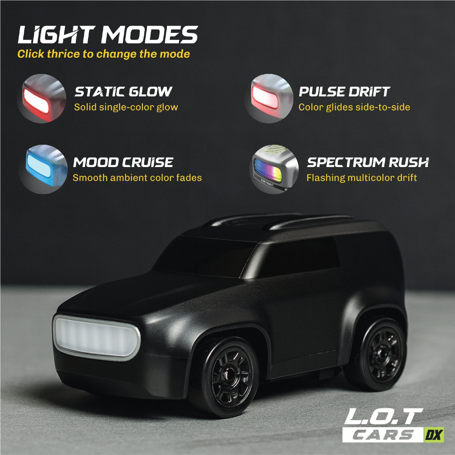 Black toy RC car with light mode options on a gray background