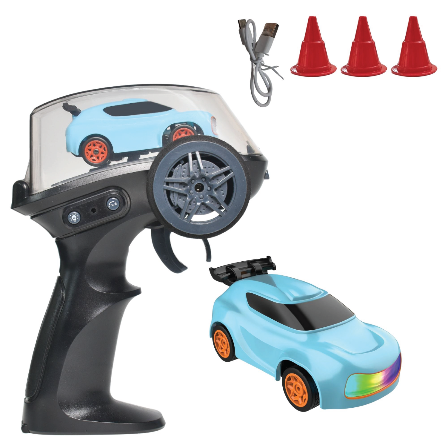 Toy RC car set with remote control, car, and traffic cones on a white background
